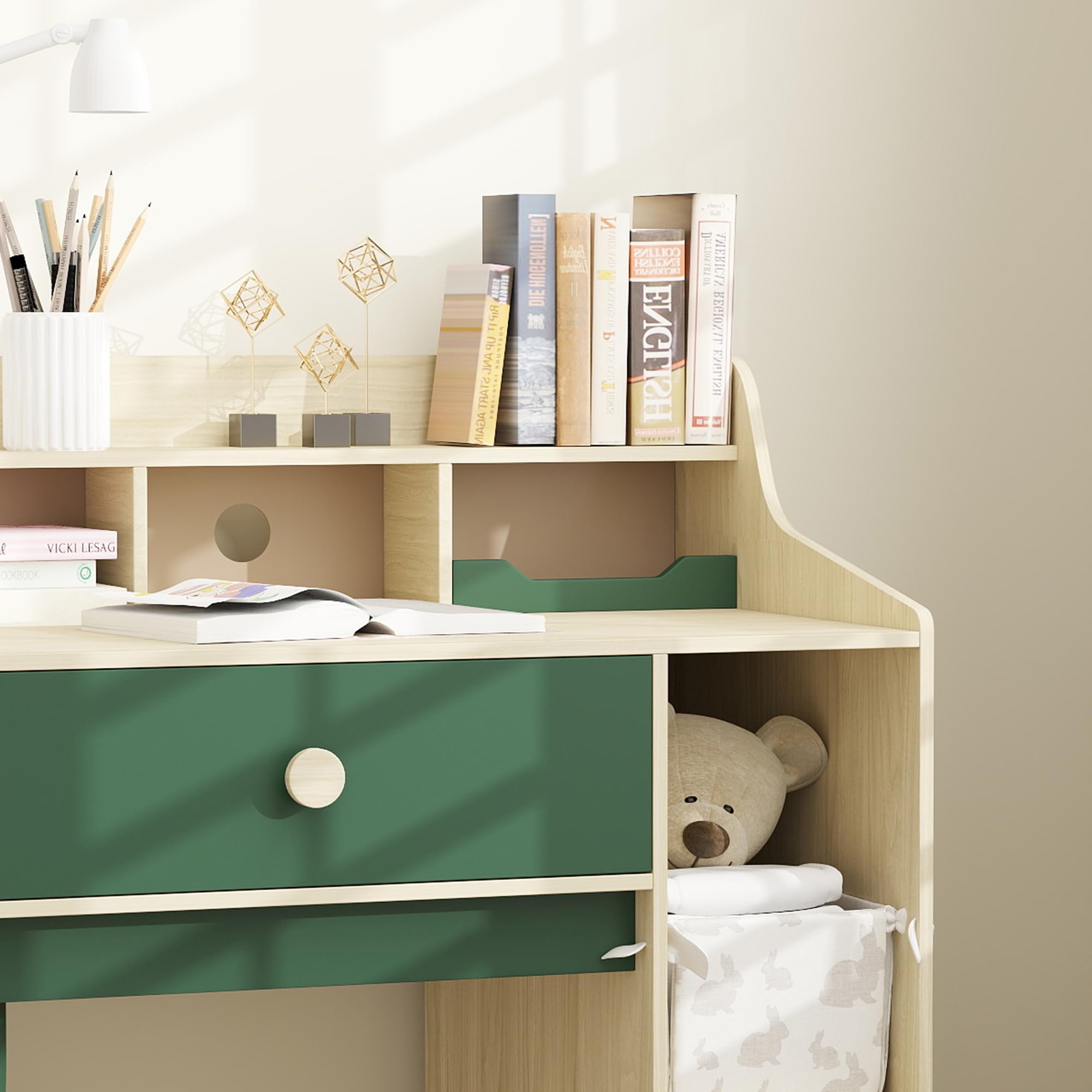AIYAPLAY Ensemble Bureau et Chaise pour Enfant 3 à 10 Ans, Bureau Enfant Garçon Fille avec Chaise et Étagères, Table pour Étude et Travail, Vert et Bois Naturel