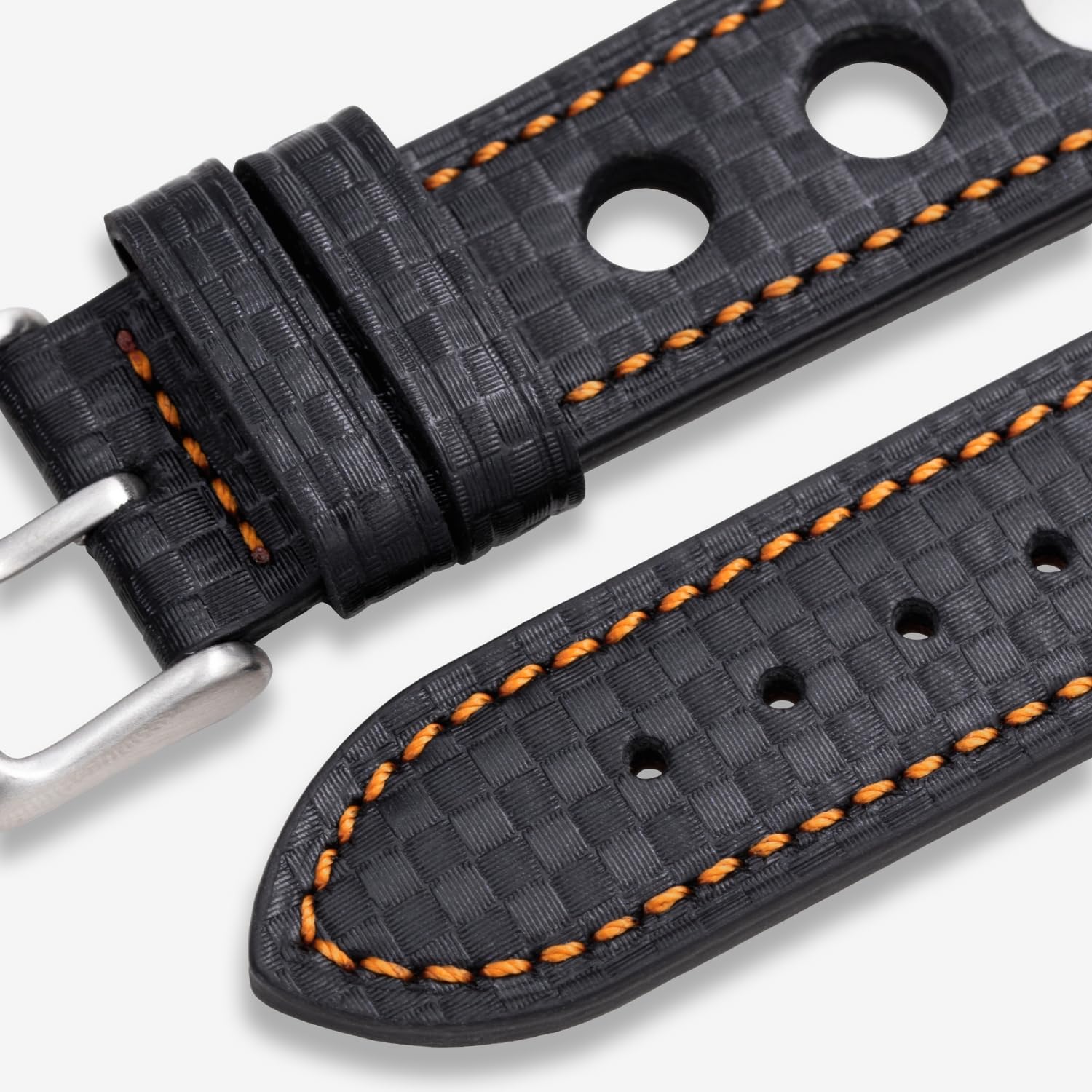 Cinturino per orologio da rally con motivo in fibra di carbonio, cinturino perforato da 18 mm, 20 mm, 22 mm, cuciture nere, rosse e arancioni, strumento e barre a molla inclusi