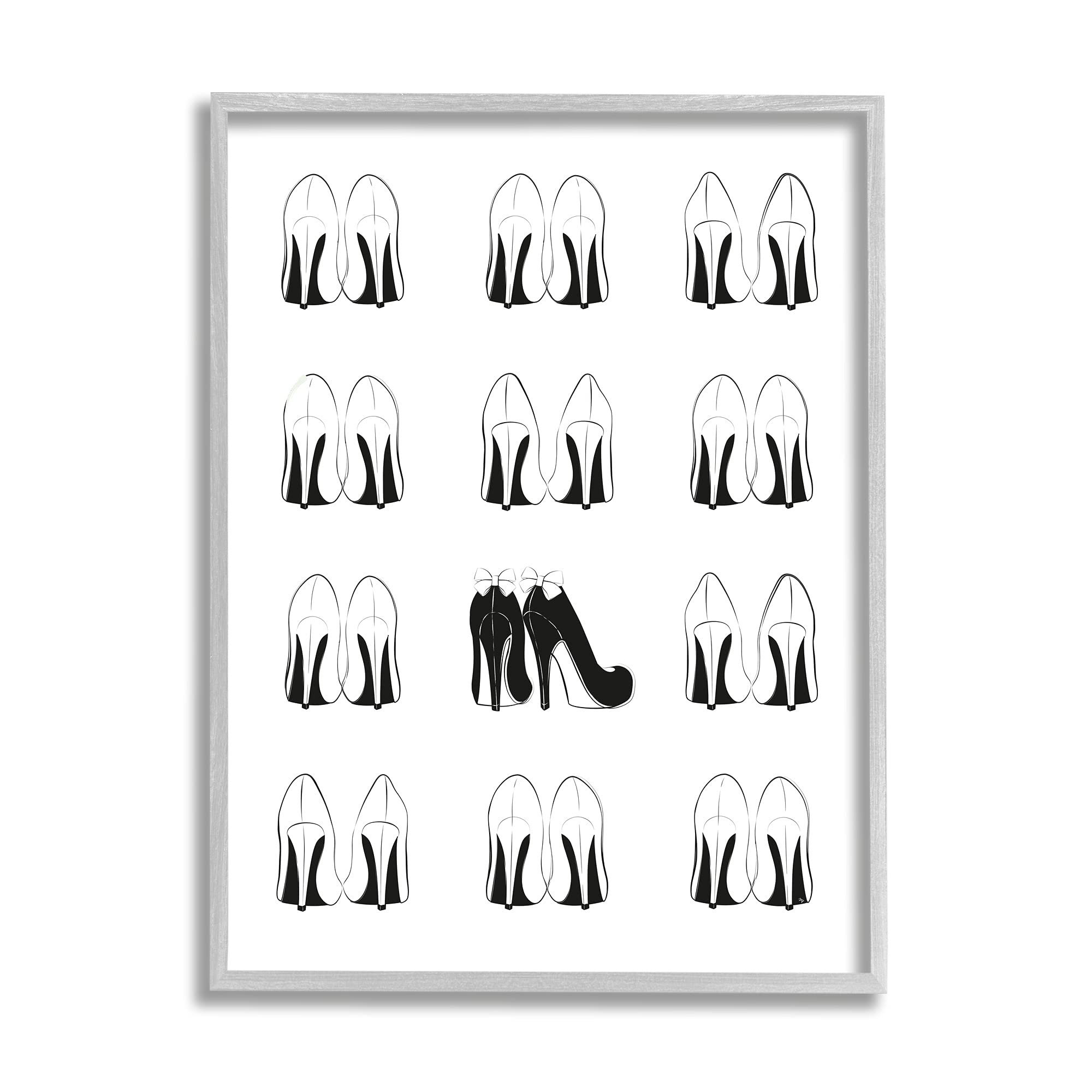 'Bold Bow Heels Standout Glam Fashion Shoes'| Framed Giclee Art | Stupell Industries | Gray, 24 x 30 Inches, Easy to Hang and Sturdy, Made in USA, by Martina Pavlova