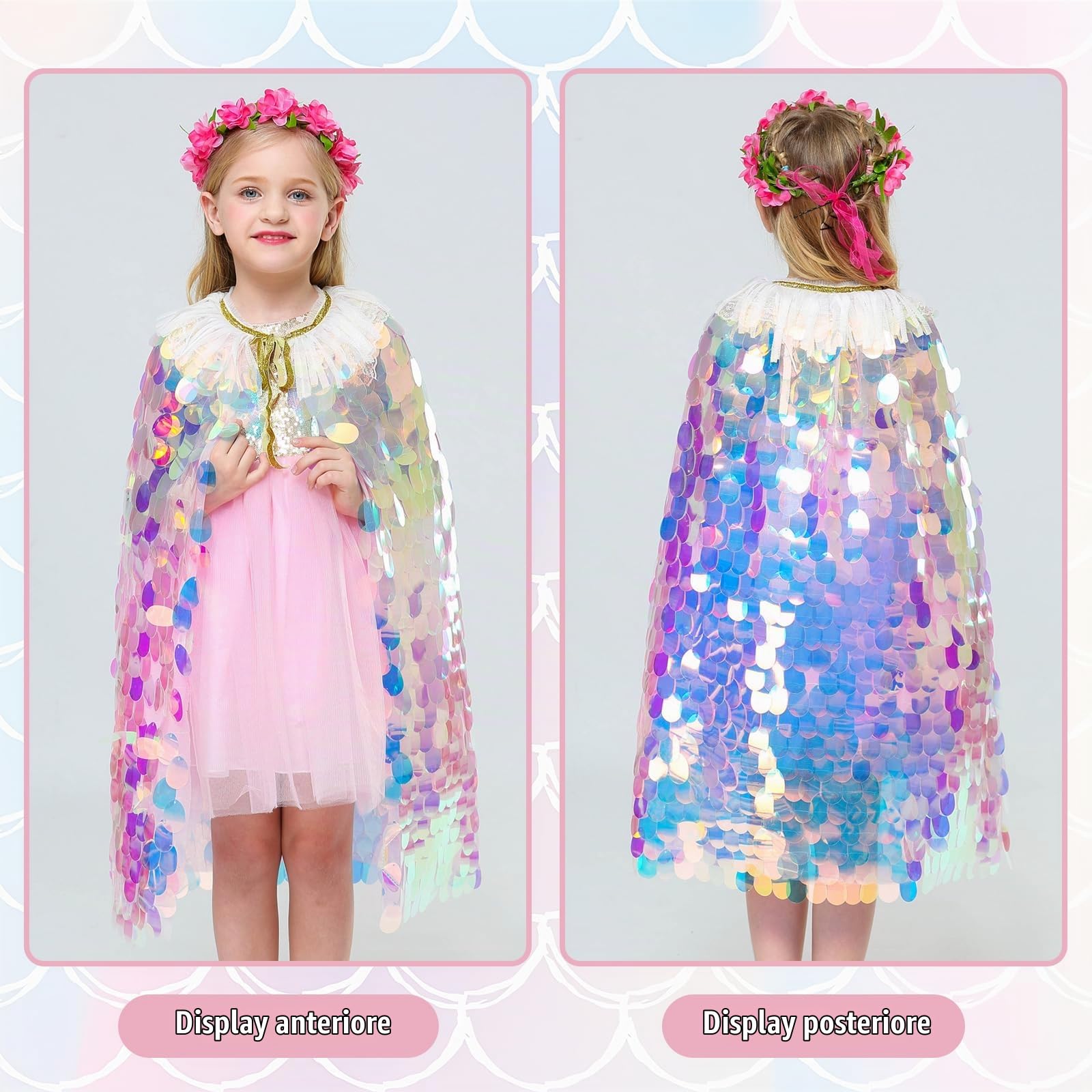 Mantello Principessa per Bambinedai 7 Anni in Su,Mantello Colorato con Paillettes,Disfrazzo Brillante Bambino Fantasia Halloween Carnevale Giochi di Ruolo