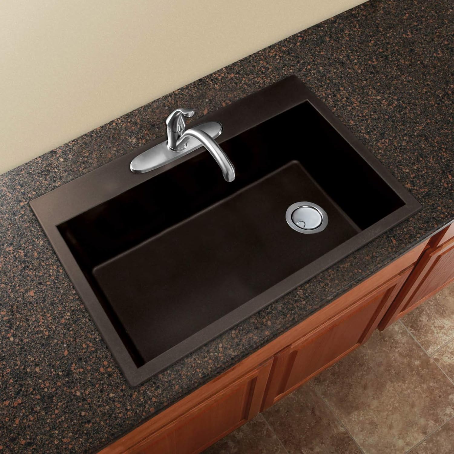Transolid RTSS3322-12-CBDE Radius Granite 4-Hole Drop-in Single-Bowl Kitchen Sink, 33-in x 22-In x 9-in, Espresso