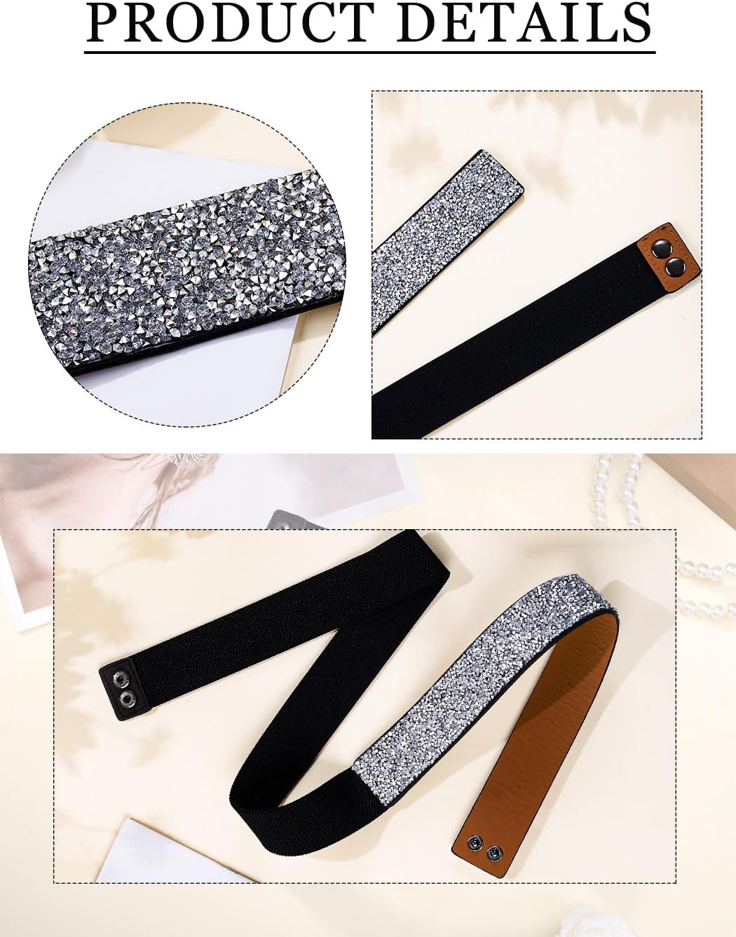 Abien Rhinestone Belts for Women Plus Size Crystal Belt Silver Rhinestone Stretch Waist Belt for Dress Formal