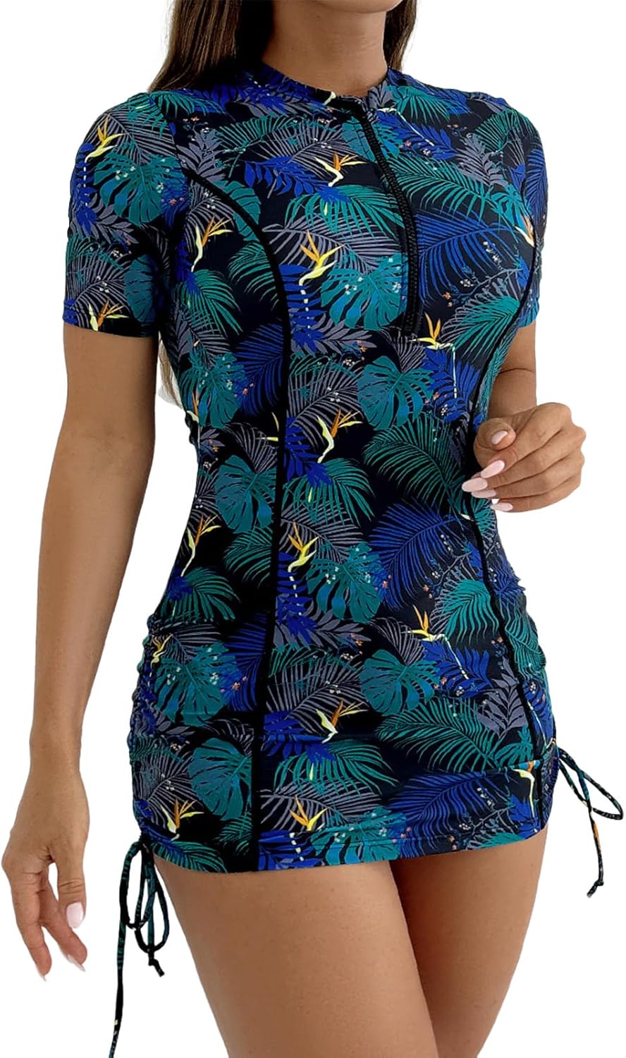 ABAFIP Women's Short Sleeve Swimsuit Zip One Piece Swimdress Surfing Bathing Suit Side Drawstring Swimwear