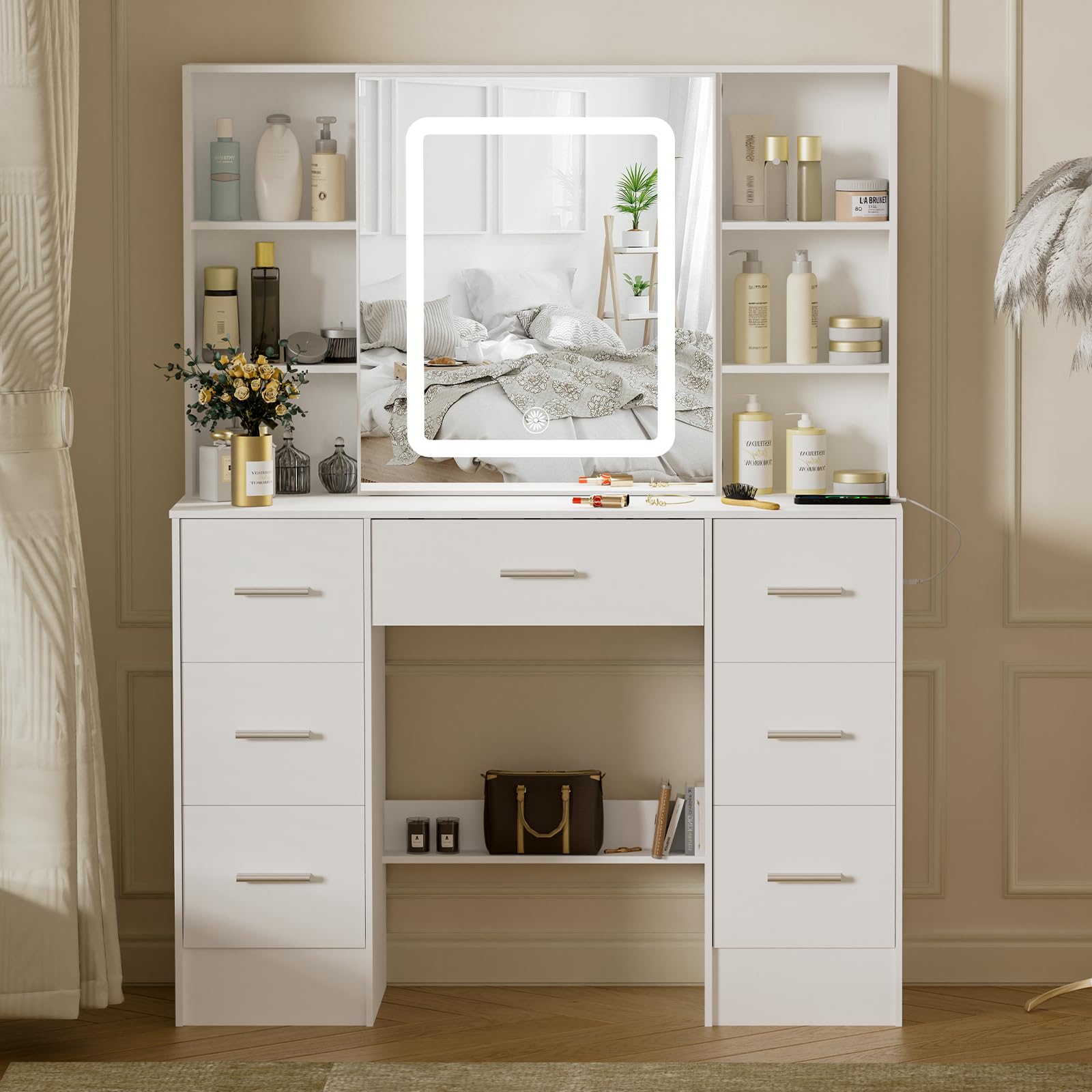 Vanity Desk with Sliding Mirror and Lights, 39.4''W White Makeup Vanity Set with Lighted Mirror, Drawers, USB Port, 3-Color Adjustable Brightness, Vanity Dressing Table for Bedroom, Girls, Women