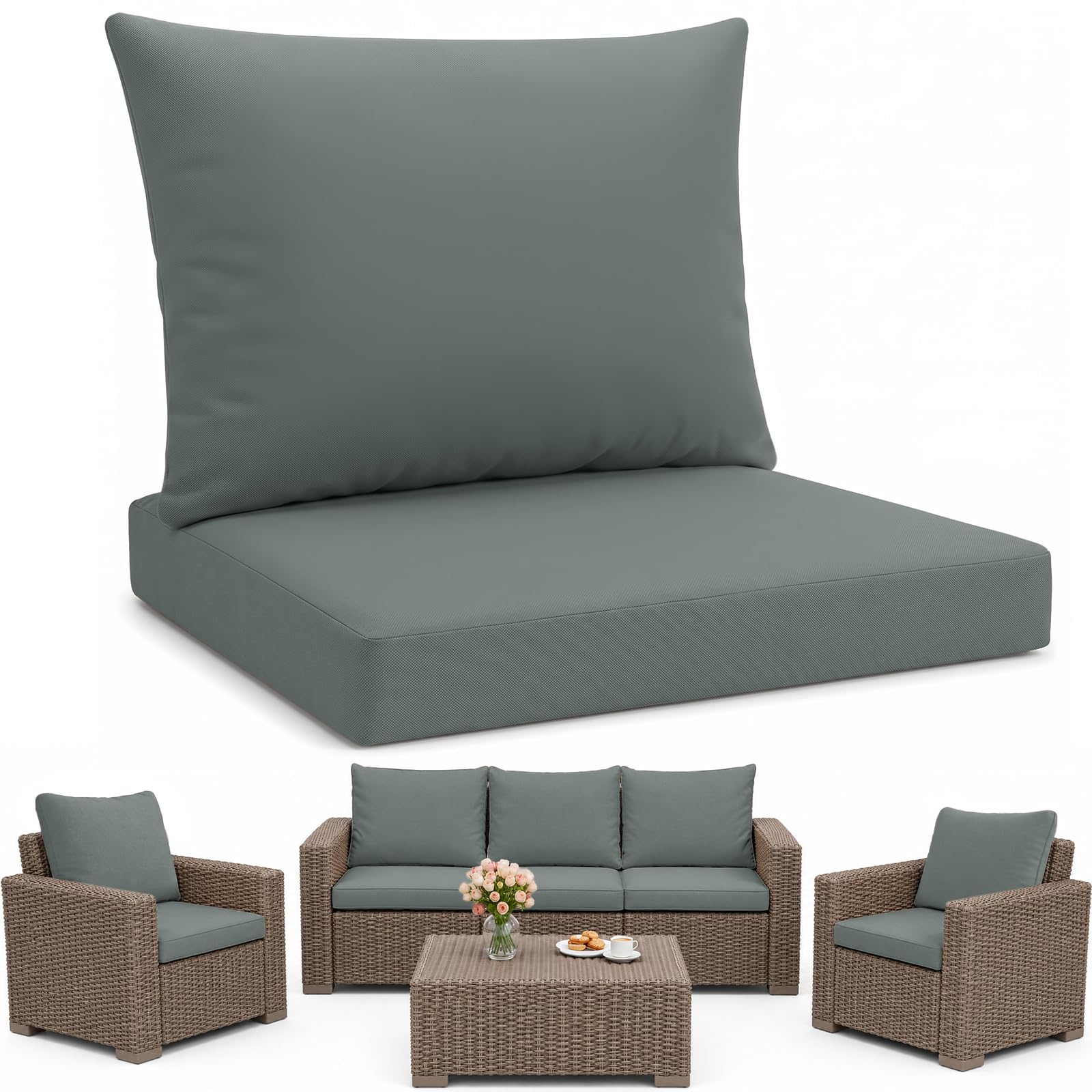 Replacement Seat Cushion Pads for Keter Allibert California Rattan Outdoor Furniture - 1,2 or 3 Seater Water Resistant Rattan Patio Set Sofa Cushions Pads (Dark Grey, 3 Seater - 6 Pieces)