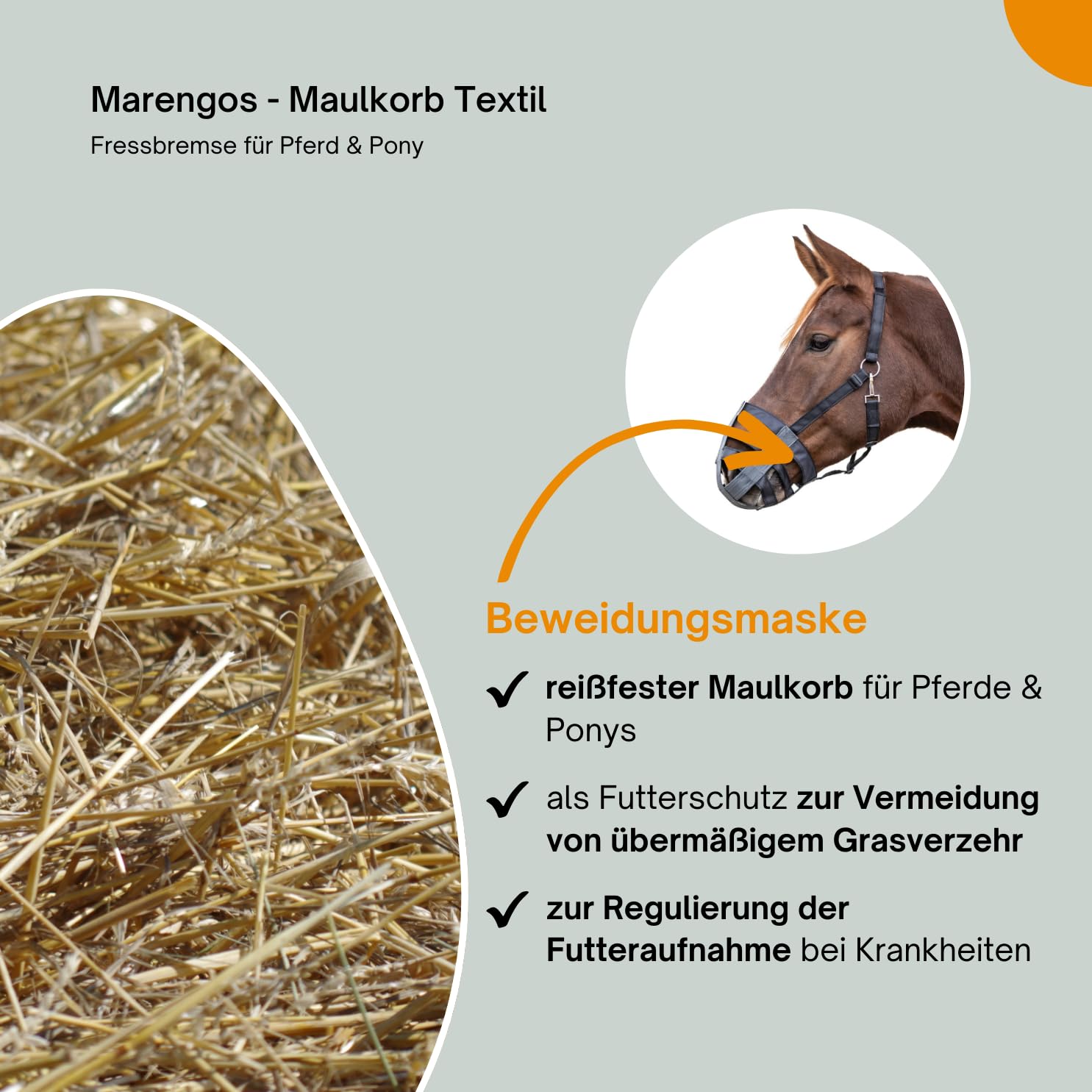Marengos - Maulkorb Textil – Fressbremse Pferd & Pony – zur Kontrolle von Grasverzehr & bei Krankheit – gefüttert & stufenlos einstellbar – Schwarz/Grau für Shetty, Pony, Voll- & Warmblut