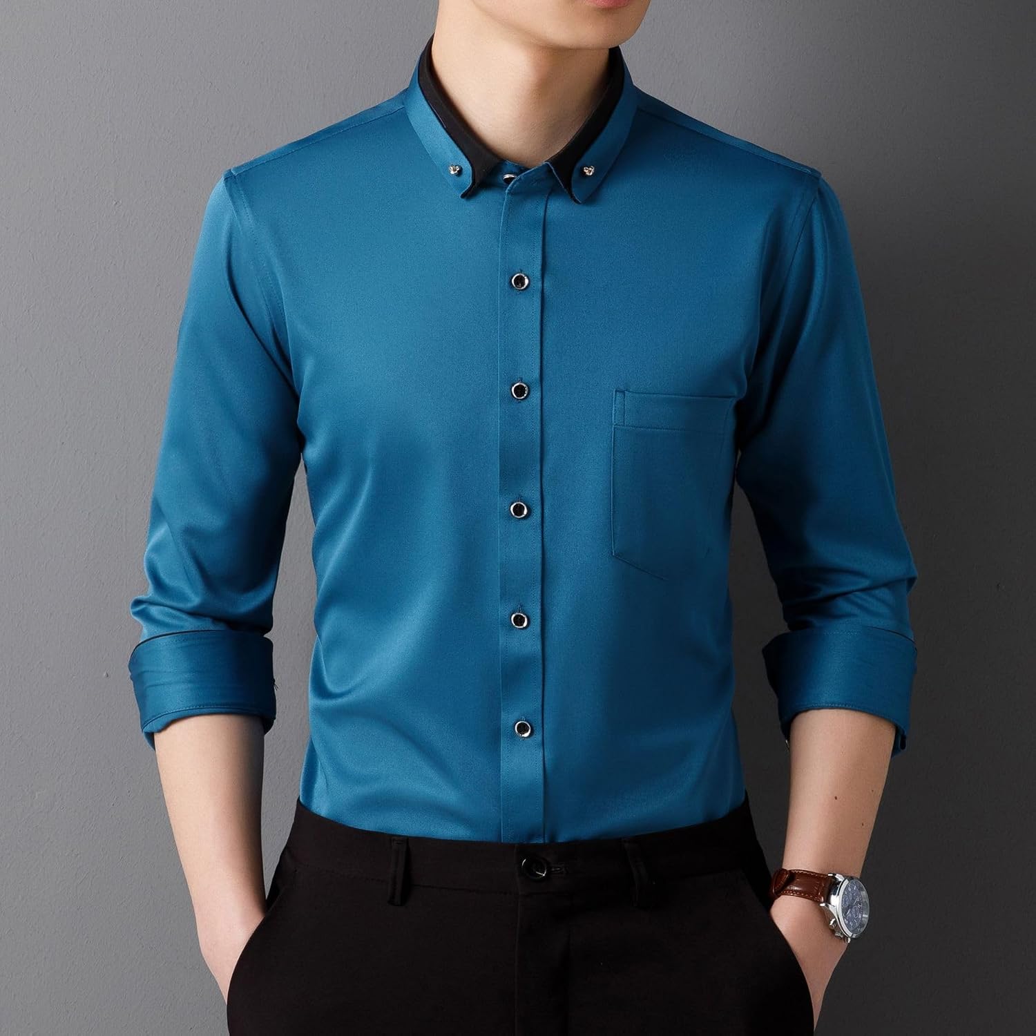 Men's Shirt Casual Business Elastic Long Sleeve Lapel Formal Shirts