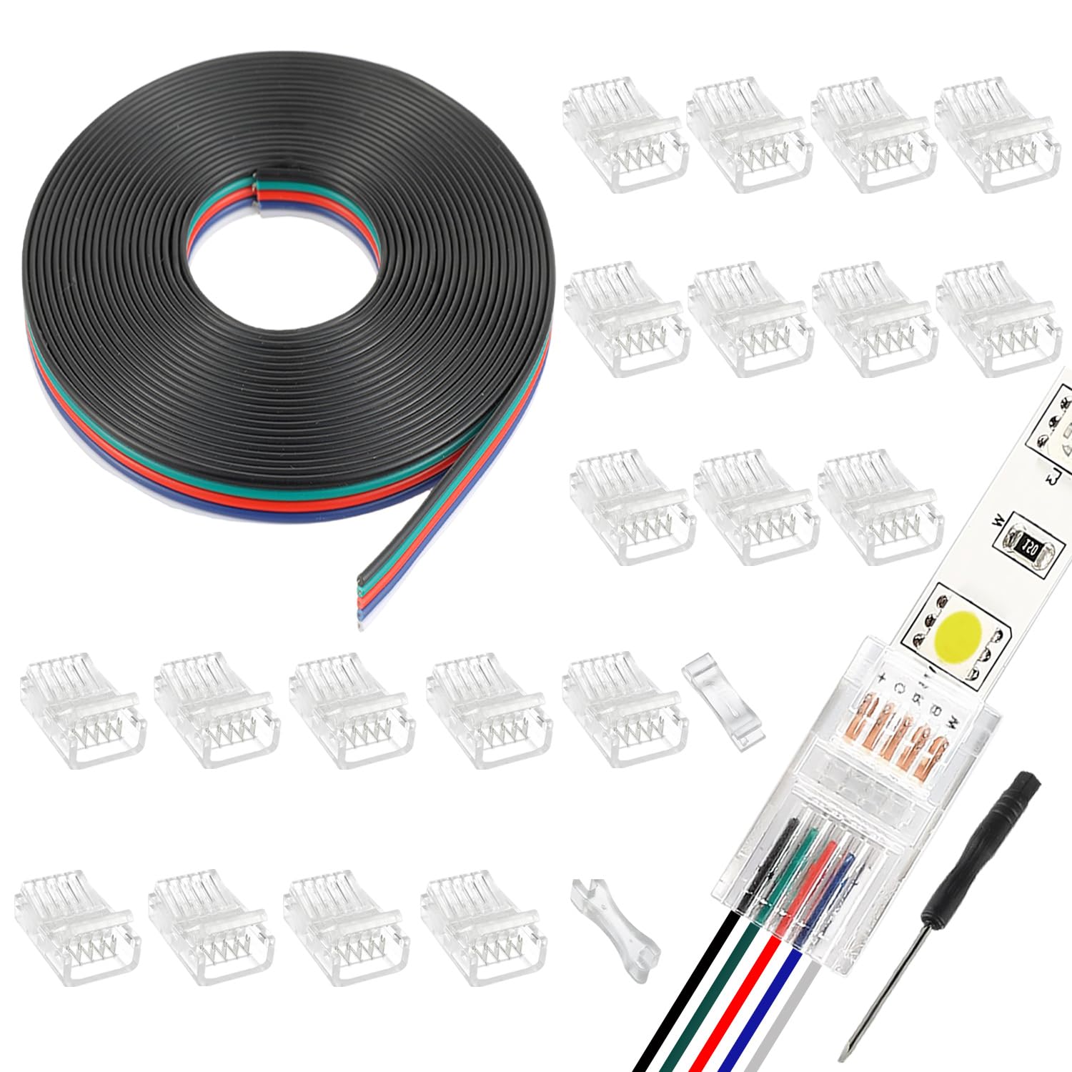 EPLZON 5 Pin 12 mm LED Strip Connector LED Light Quick Connector RGB Lights Adapter Clear Unwired Gapless Track Lighting Connector with 5M/16.4ft Cable(20pcs)