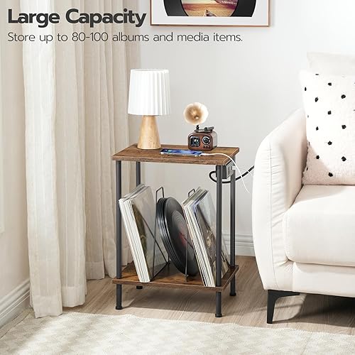 Miniatura 2 de HOOBRO Soporte para tocadiscos con estación de carga, mesa para tocadiscos de 2 niveles con almacenamiento de hasta 80-100 álbumes, soporte para