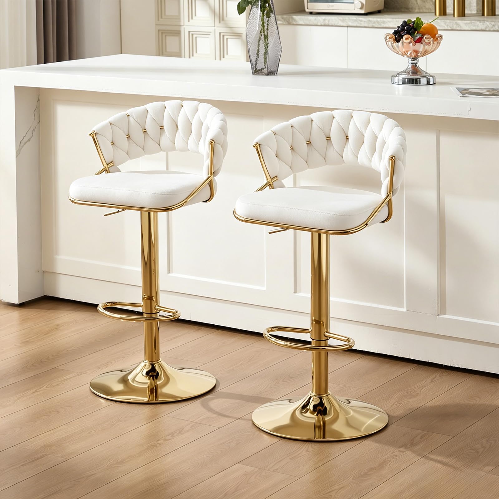 Orirsnug Velvet Bar Stools Set of 2, Swivel Breakfast Bar Stools with Arms, Modern Height Adjustable Counter Height Gold Bar Chairs with Woven Backs, Cream