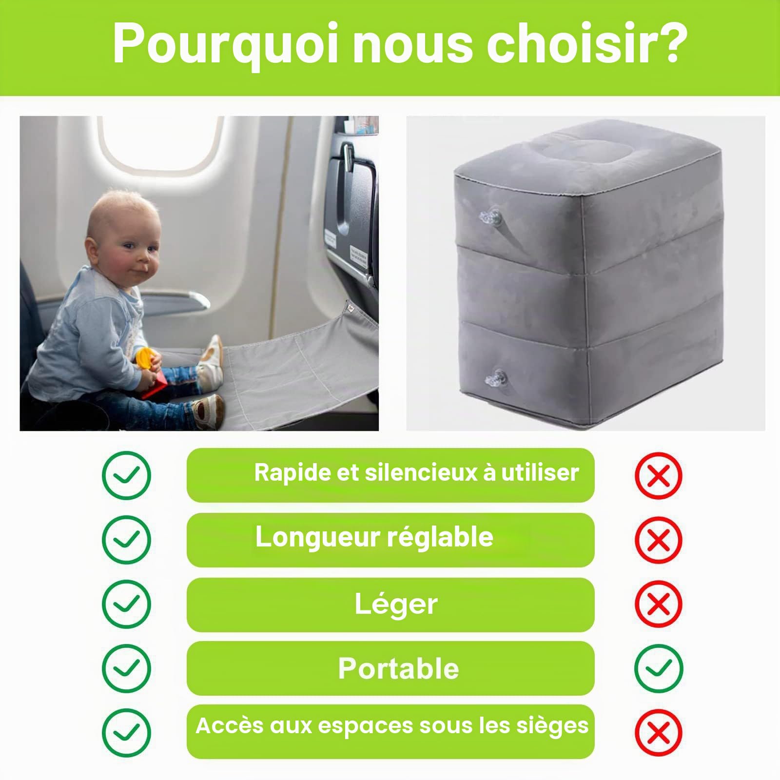 Qivine Extension de Siège d'Avion pour Enfant - Lit de Voyage Portable avec Sac de Rangement, Accessoires de Voyage en Avion (Gris)