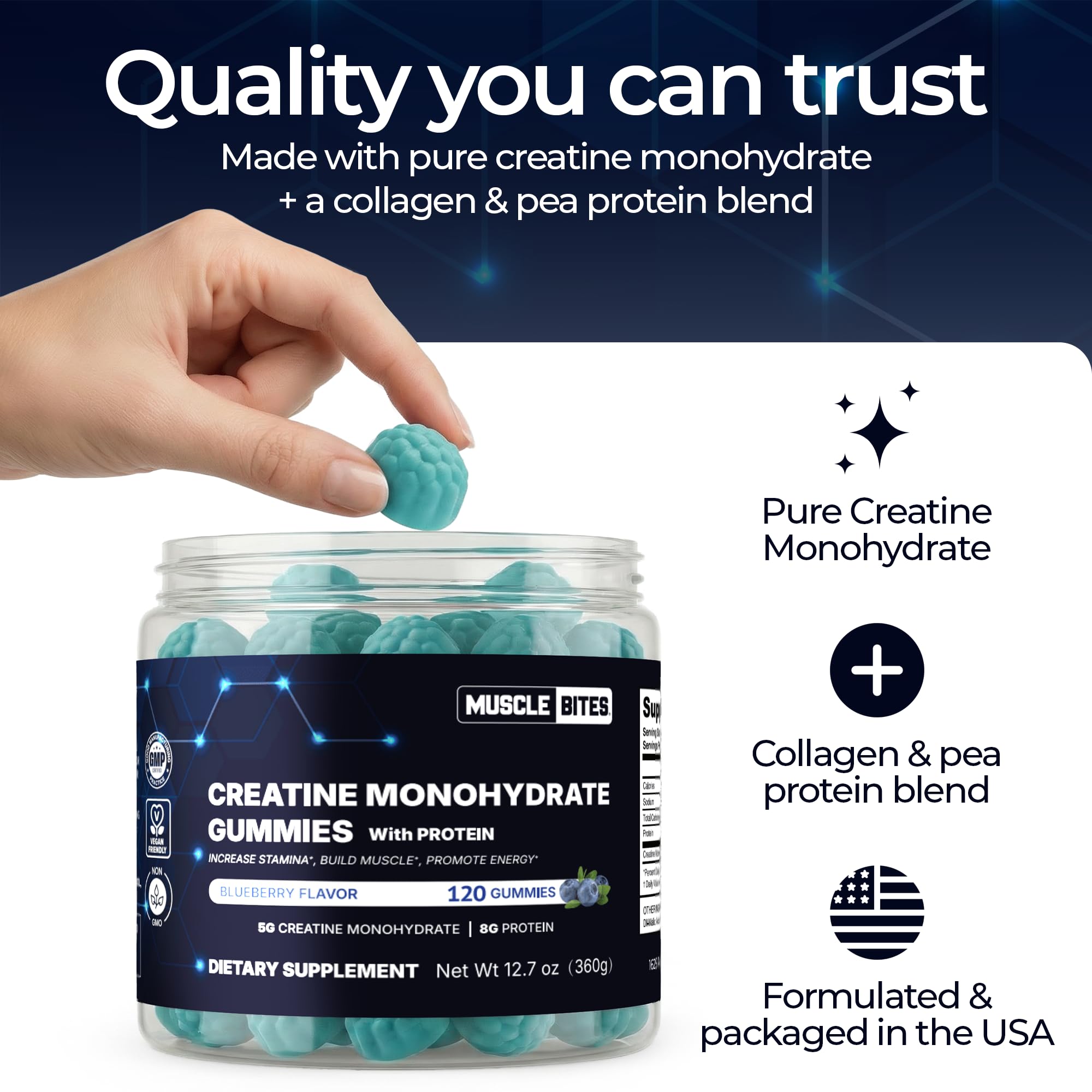 Creatine Gummies for Men & Women – 5g Creatine Monohydrate + 8g Protein, Sugar-Free Blueberry Chewables, Muscle Strength, Recovery & Energy Support, 120 Count, 30-Day Supply — Amazon image 4
