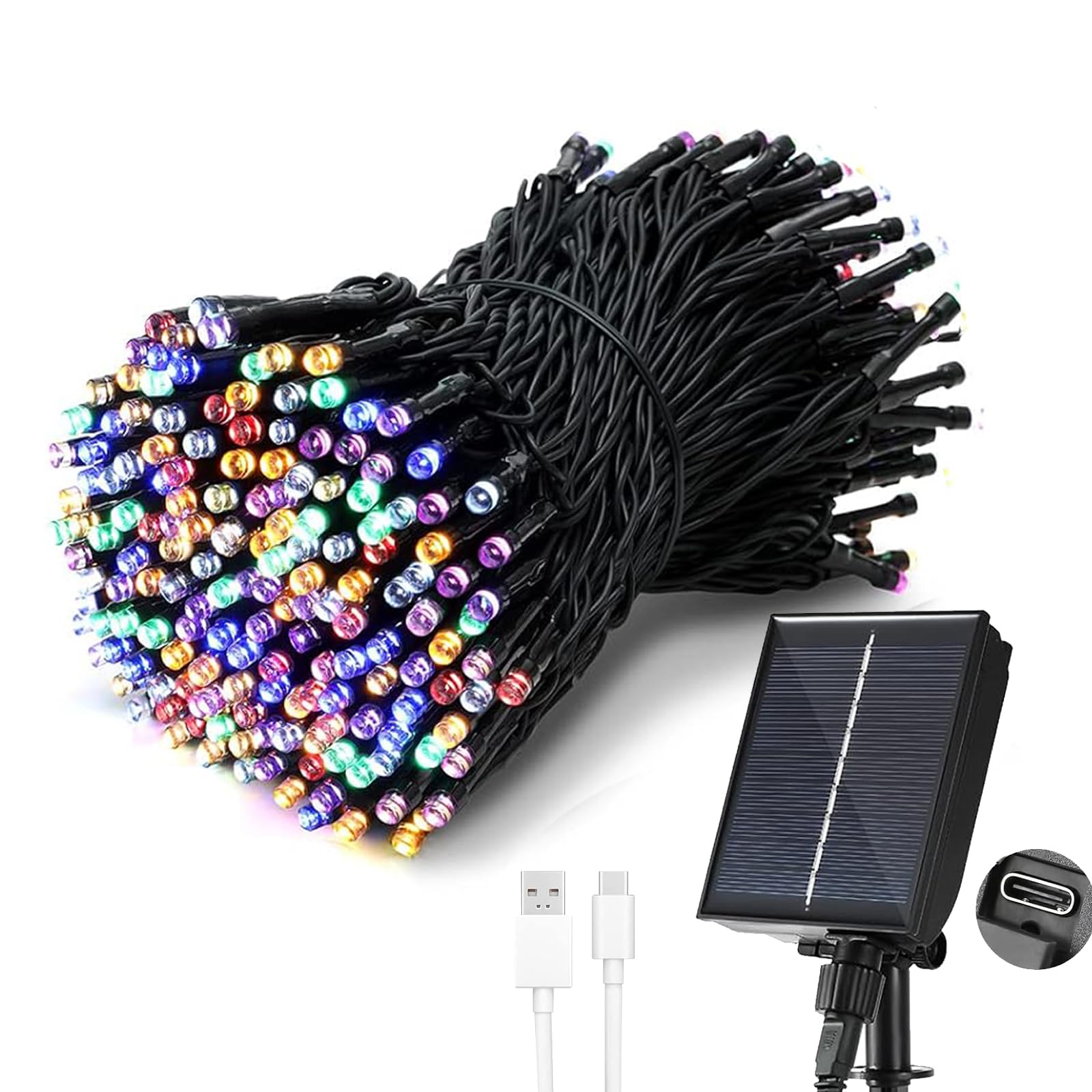 Tacobey Solar String Lights Outdoor Garden, 65Ft/20m 200 LED Solar Powered Fairy Lights, USB Charging | Waterproof | 8 Modes, for Garden Patio Wedding Party Tree Decoration - Multicolor