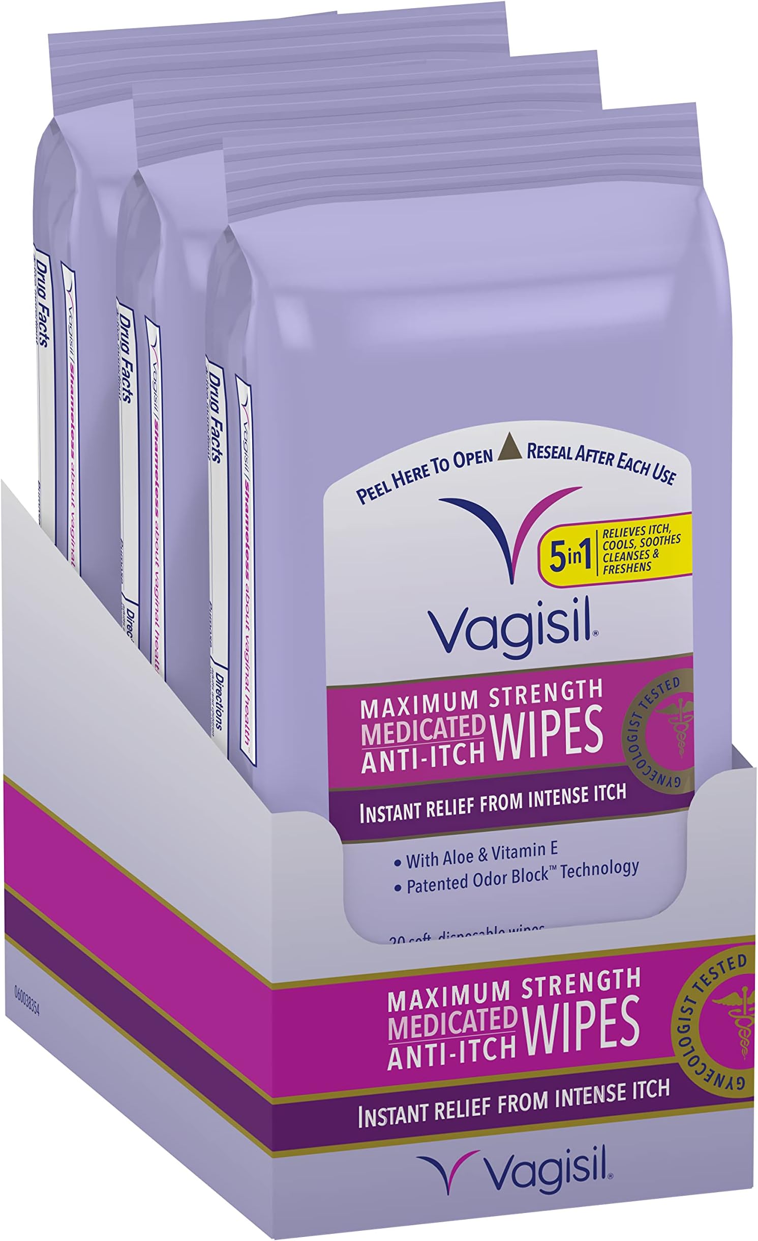 Anti-Itch Medicated Feminine l Wipes, Maximum Strength, Instant Relief, Pack of 3-60 Wipes Total (Packaging may vary)