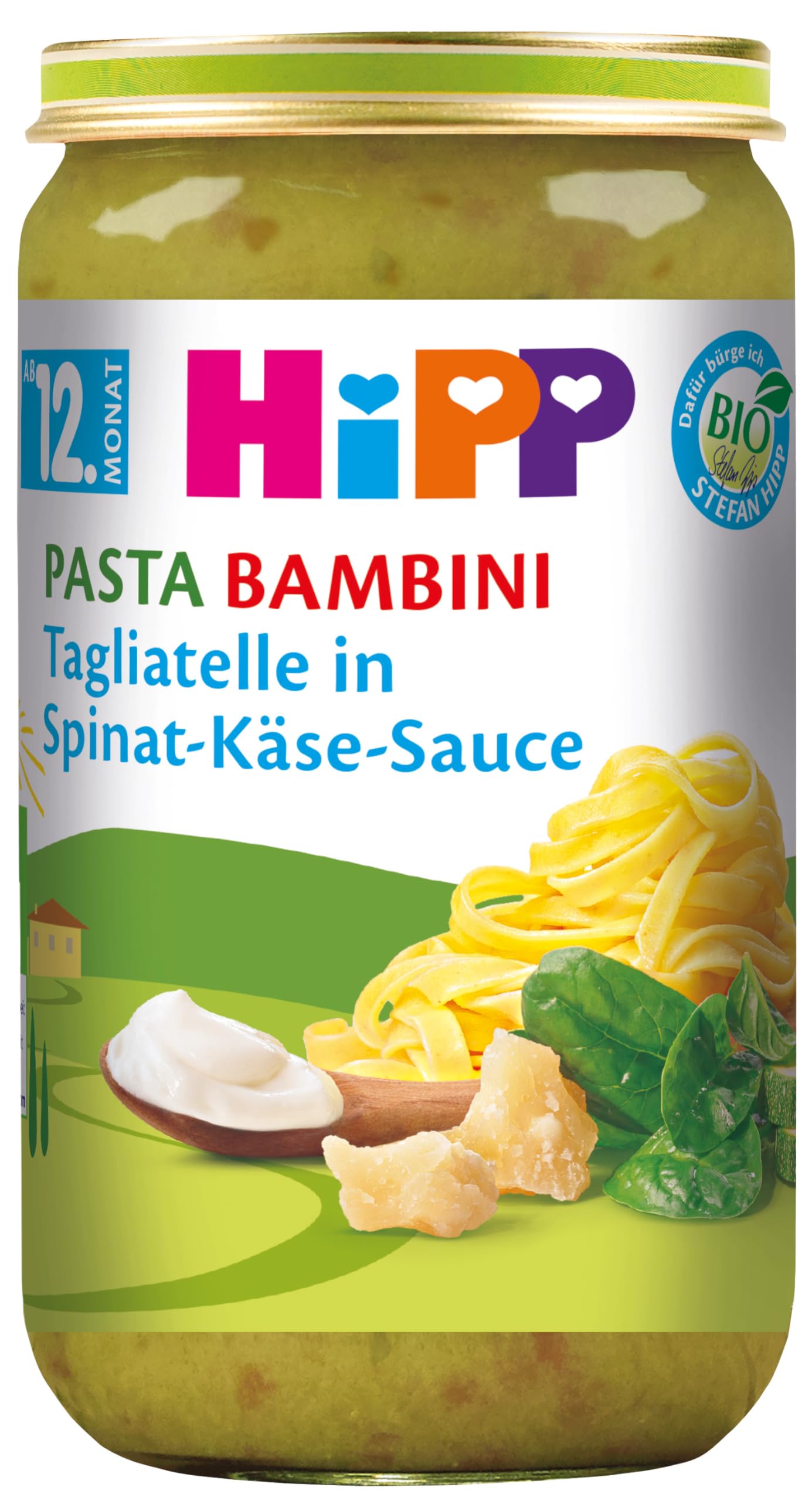 HiPP Bio Pasta Bambini Tagliatelle in Spinat-Käse-Sauce (6 x 250g), Menü ab 12. Monat, mit Omega-3, in bester Bio-Qualität