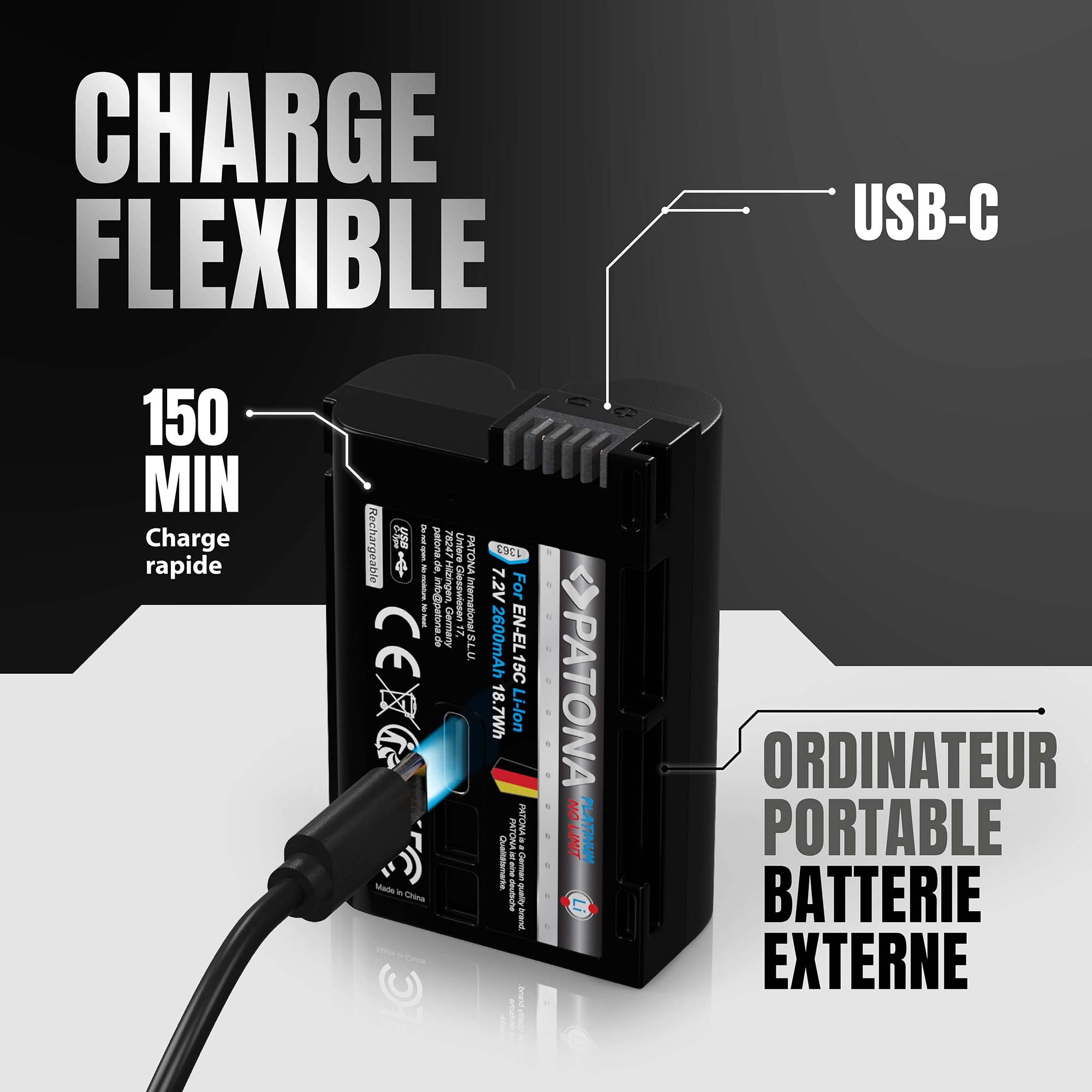 PATONA Platinum EN-EL15c Batterie 2600mAh USB-C pour Nikon Z8 Zf