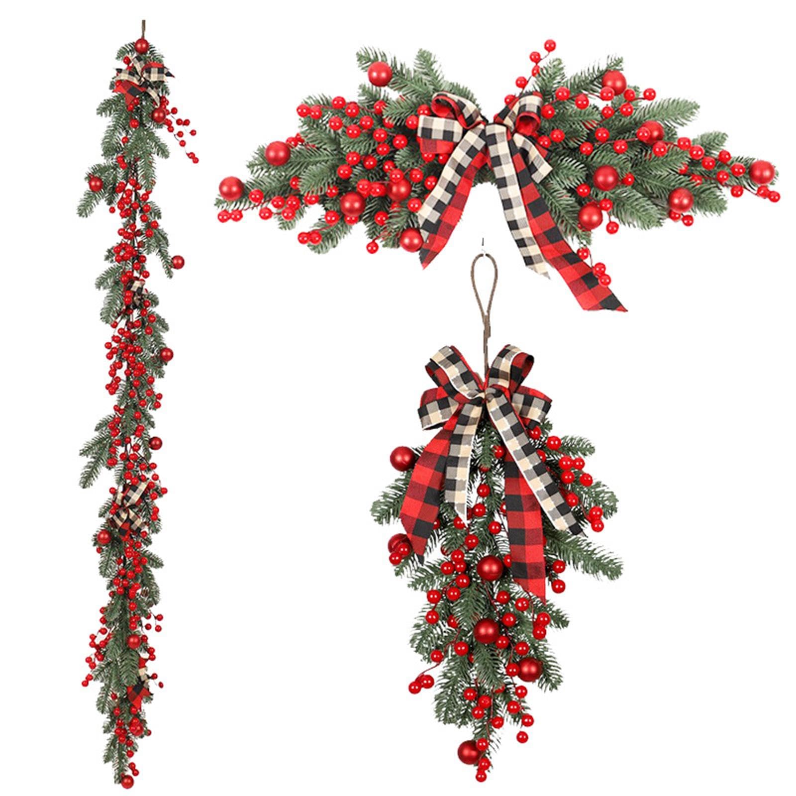 Guirnalda de Navidad Corona Decorativa con Ramas Artificiales Bayas Rojas Lazo Adorno para Colgar en Puerta Pared Ventana Adecuada para Fiestas Hogar, Estilo a, Individual