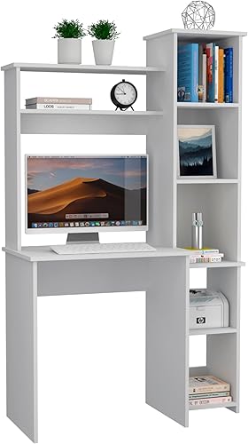 Miniatura 39 de Tuhome Versailles - Escritorio con estantería integrada, 2 estantes superiores de exhibición y almacenamiento lateral de 5 niveles, mesa de Roble