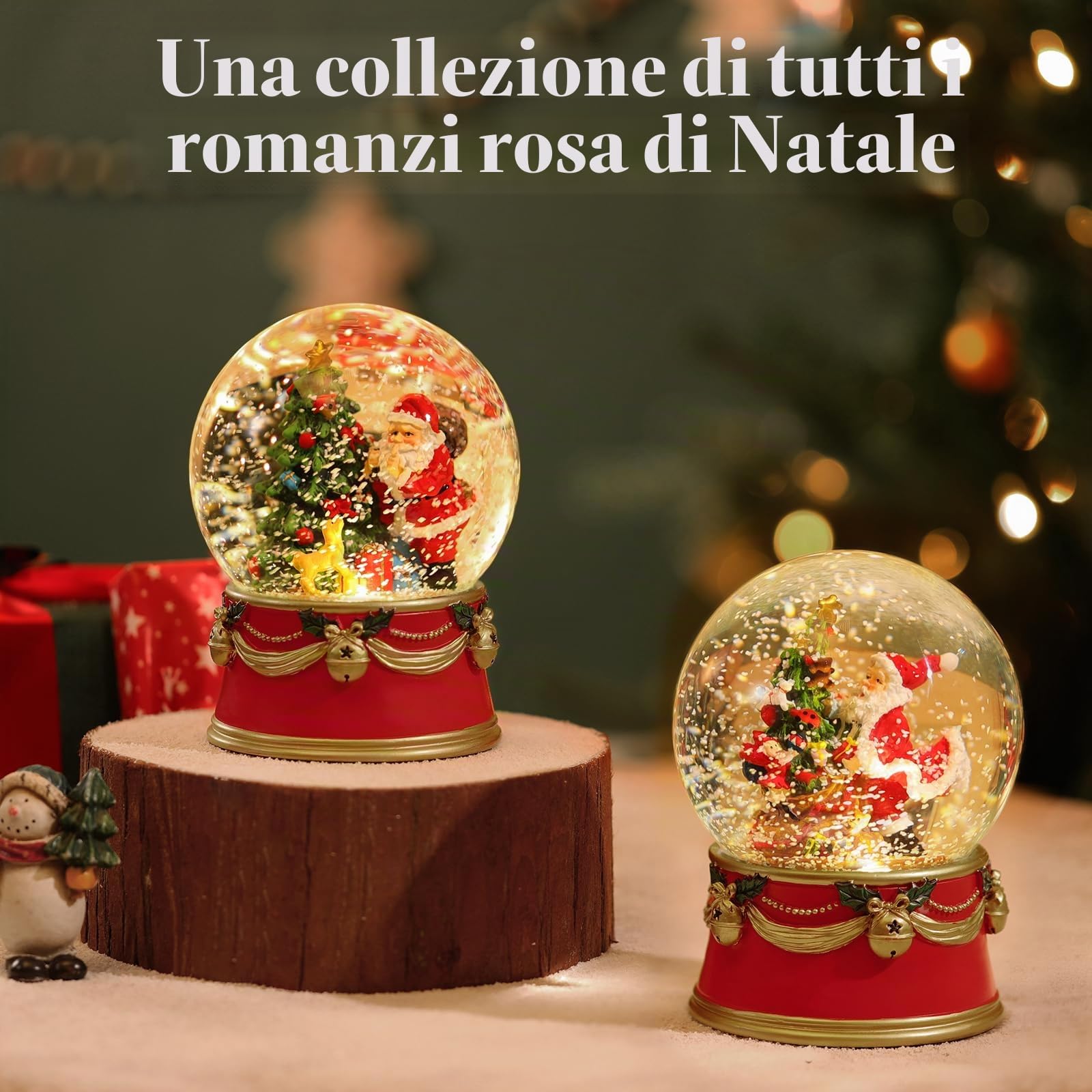 Lewondr Globo di Neve di Natale, Globo di Neve Elettrico di Babbo Natale con Fiocco di Neve e Luci, Globo d'Acqua Natalizio Alimentato a Batteria, Decorazione Natalizia per Casa e Festa, Rosso