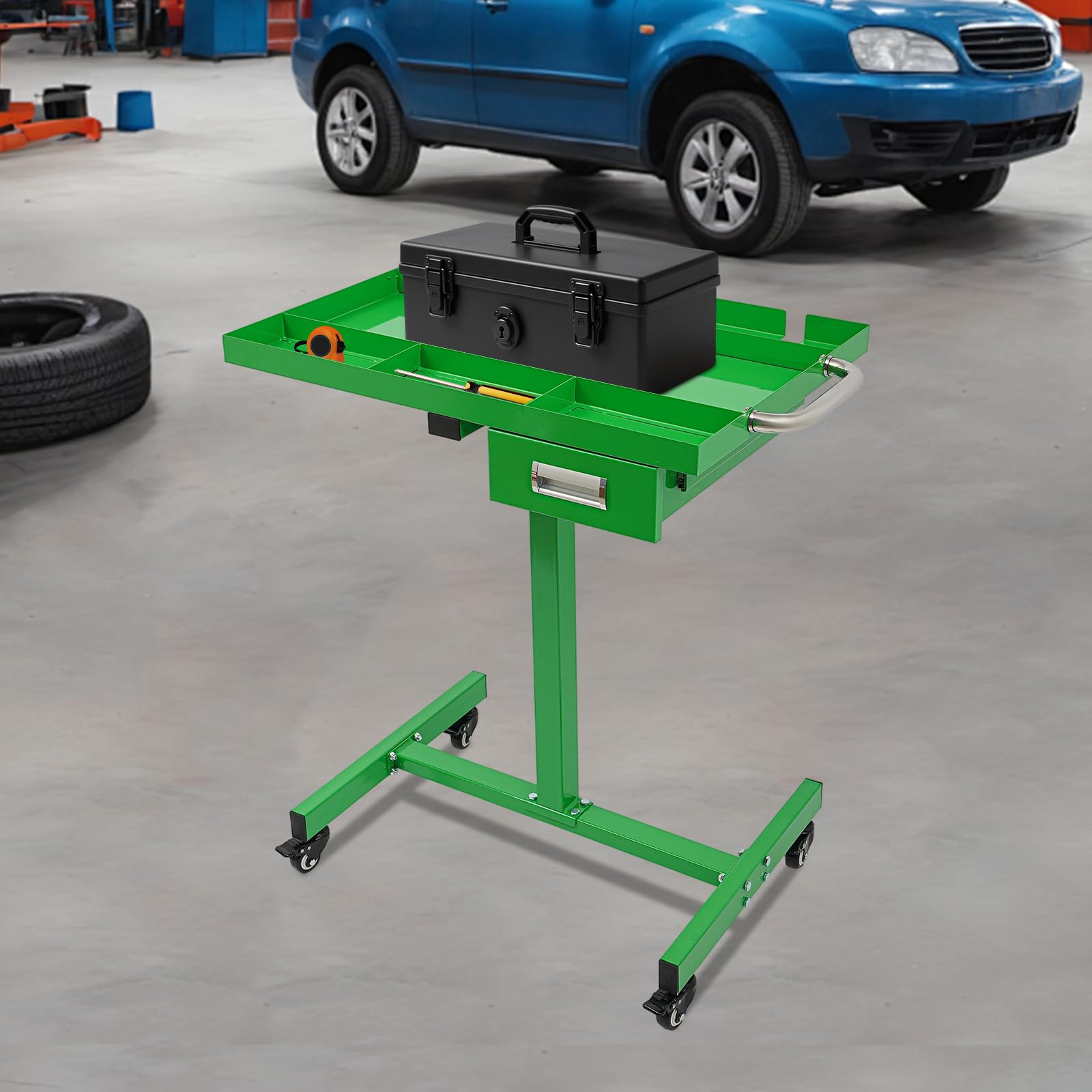 Carrello portautensili con cassetto e scomparti – Tavolo da lavoro mobile per garage e officina, portata 100 kg, 4 ruote freno, verde