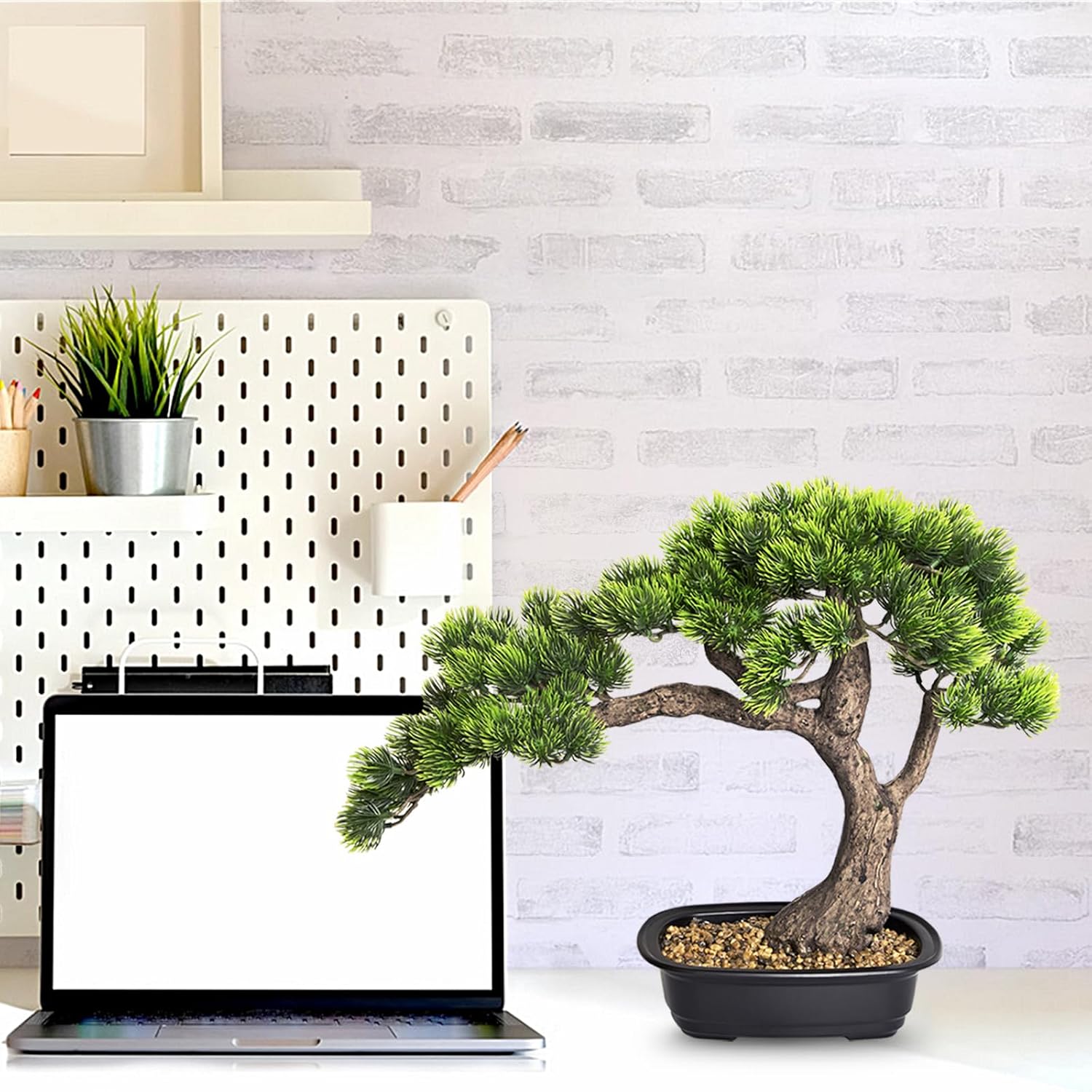 Faux Bonsai Tree 15 Inch Tall, Artificial Potted Pine Juniper Plant - Realistic Greenery Indoor Decor for Home, Office, Desk, Tabletop