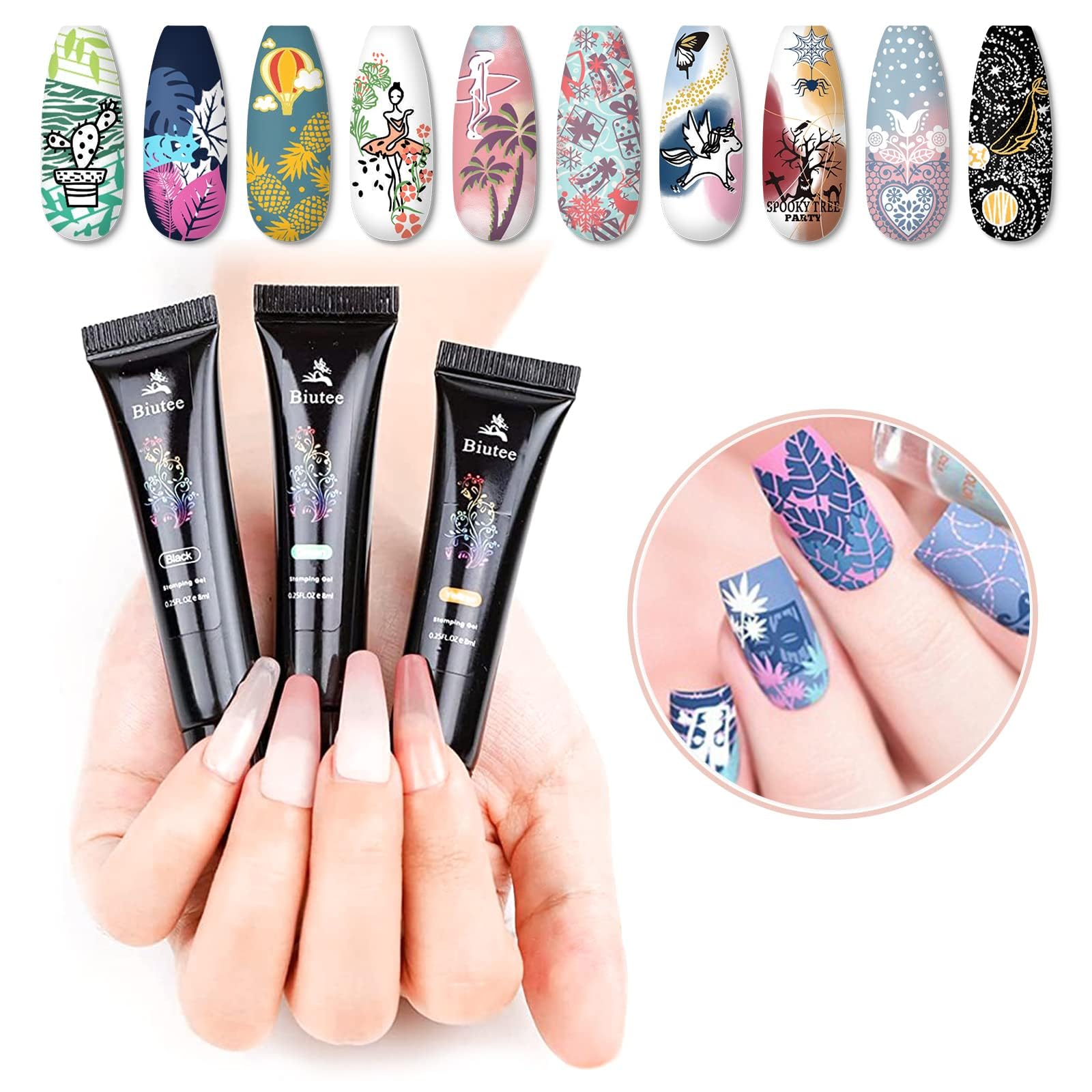 Biutee 8 Colorate Gel Stamping Nail Art Prodotti Manicure Gel + 12 Timbri per Unghie Stampo French