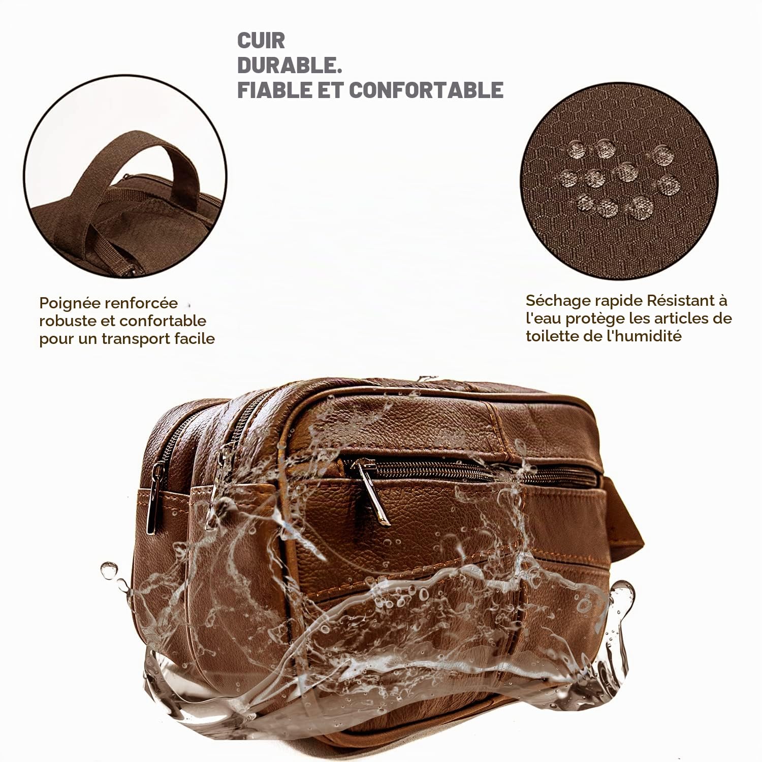 Trousse de toilette en cuir véritable pour homme de voyage - Trousse de rasage pour salle de bain, salle de sport, maquillage - Cadeau pour homme et femme, marron