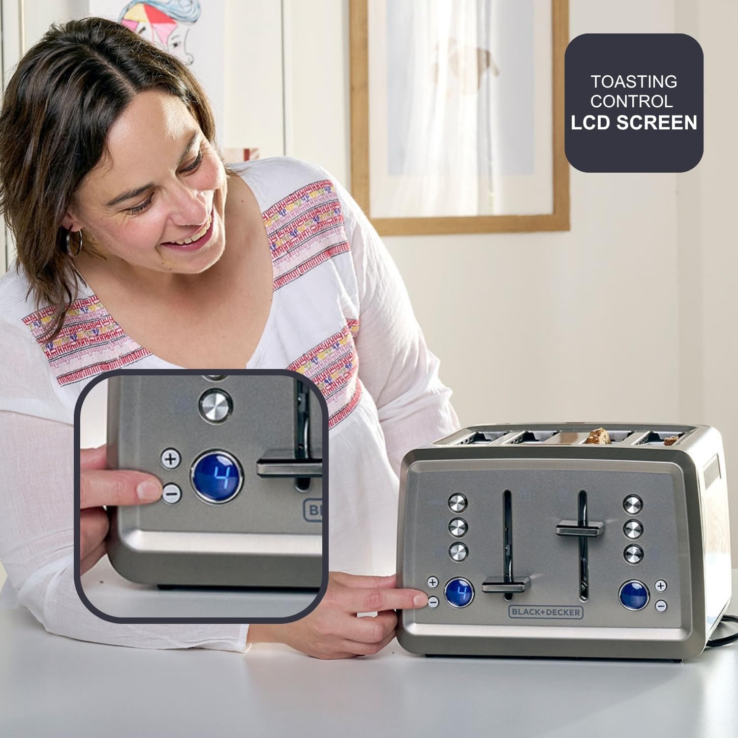 BLACK+DECKER - Tostadora 1960W, 4 Ranuras Anchas, LCD, Descongelar