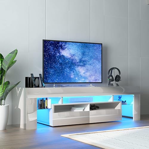 Miniatura 3 de Soporte de TV con luces LED de 16 colores, consola multimedia con cajón y estante abierto de vidrio para TV de 60/65/70 pulgadas, centro de