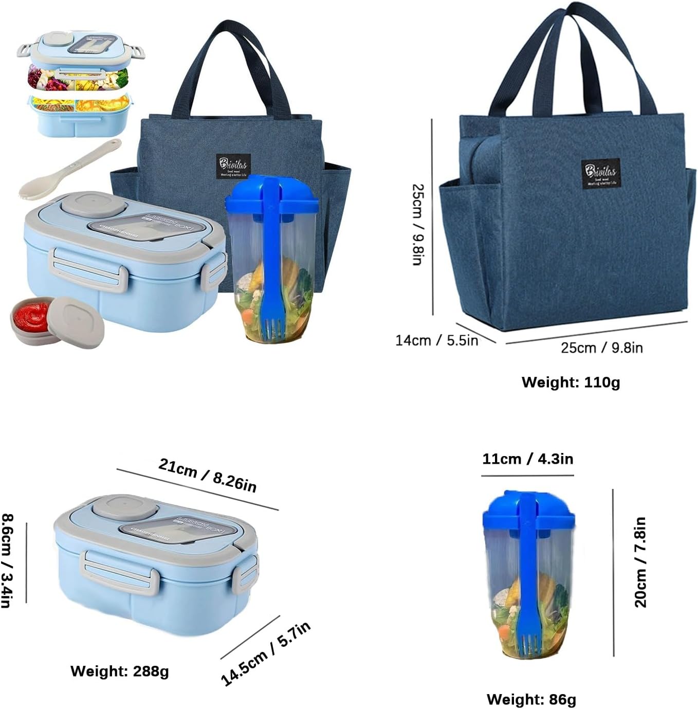 Adult Bento Lunch Box Set with Thermo Bag - Modern Minimalist Design, Leak-Proof Lunchbox with Built-in Utensil & Sauce Container, Blue Salad Cup for Work & Dining Out