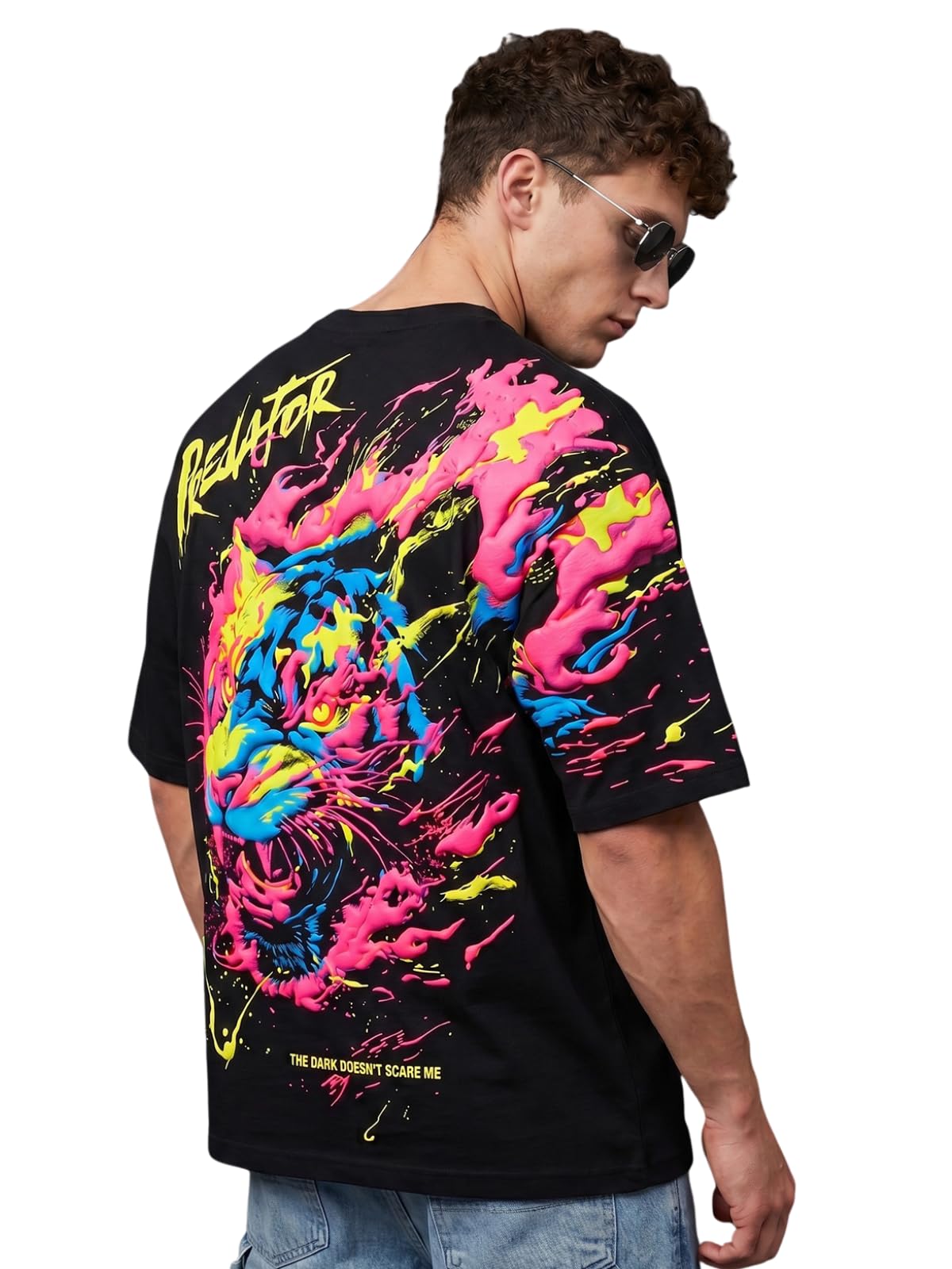 veirdo Men Heavy 240 GSM Oversized Puff Printed Pure Cotton T-Shirt | 3D Raised Print | Drop Shoulder Half Sleeve Round Neck Streetwear Tee (S to XXL)-picture-39