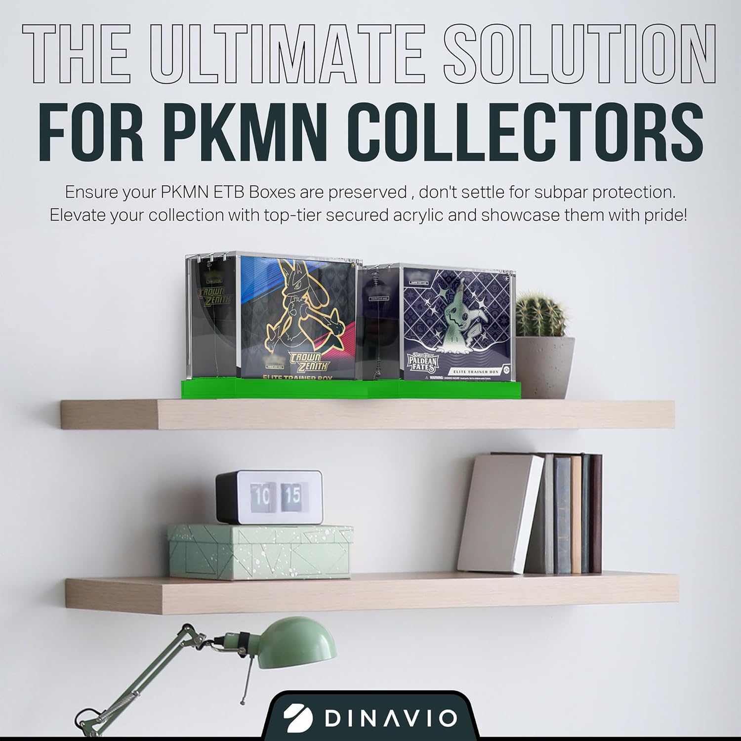 Dinavio Crafthouse Elite Trainer Box Acrylic Case - ETB Protector Case - Elite Trainer Box Protector - 8mm + 5mm Acrylic 5x3mm Magnets - Compatible with PKMN ETB Boxes (Green Base)