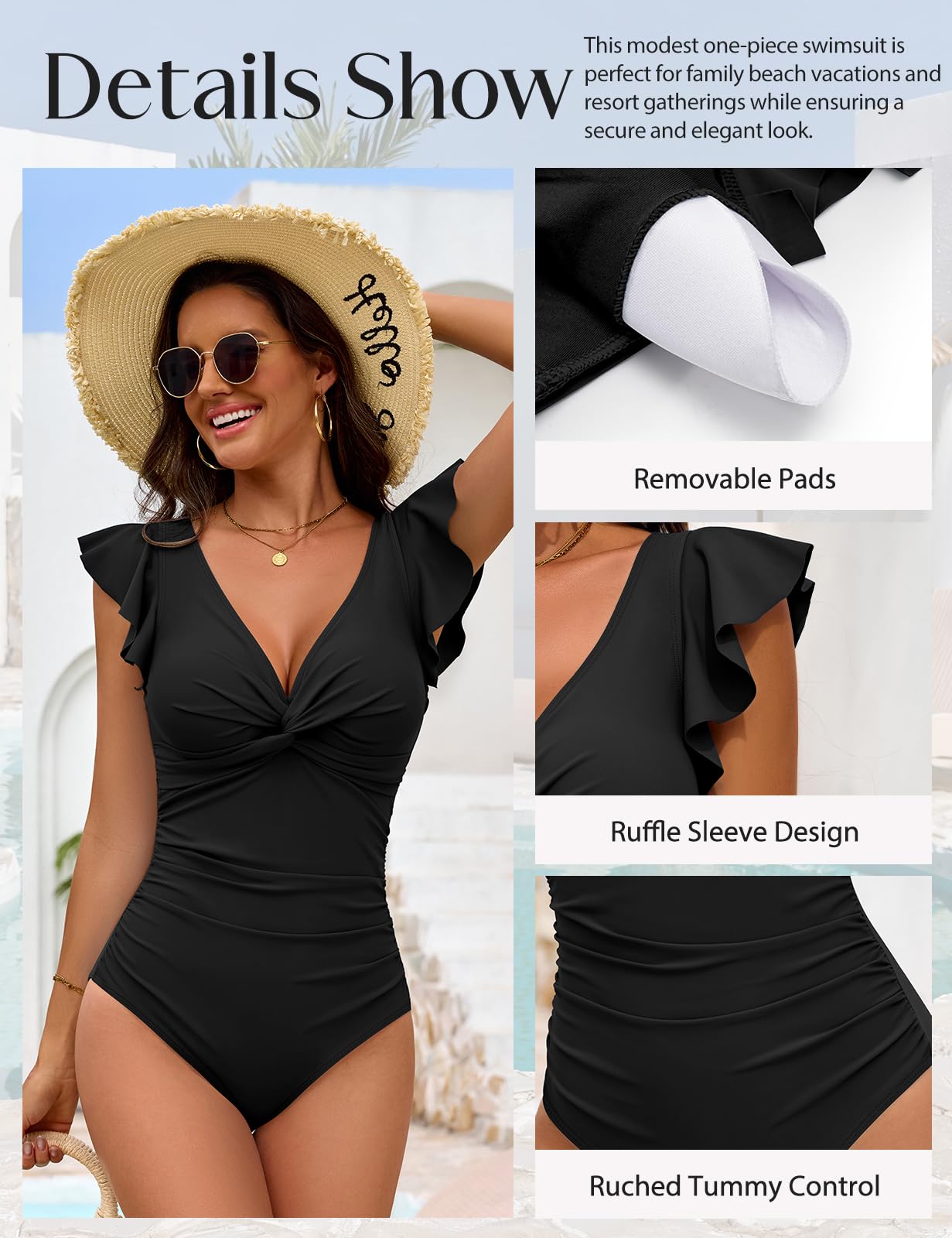 FemiChic Maillots Une Pièce Femme Gainant Ventre Plat Maillot de Bain 1 Pieces à Manches Volantée Col en V Swimsuit Push Up Elégant Swimwear Été - 5