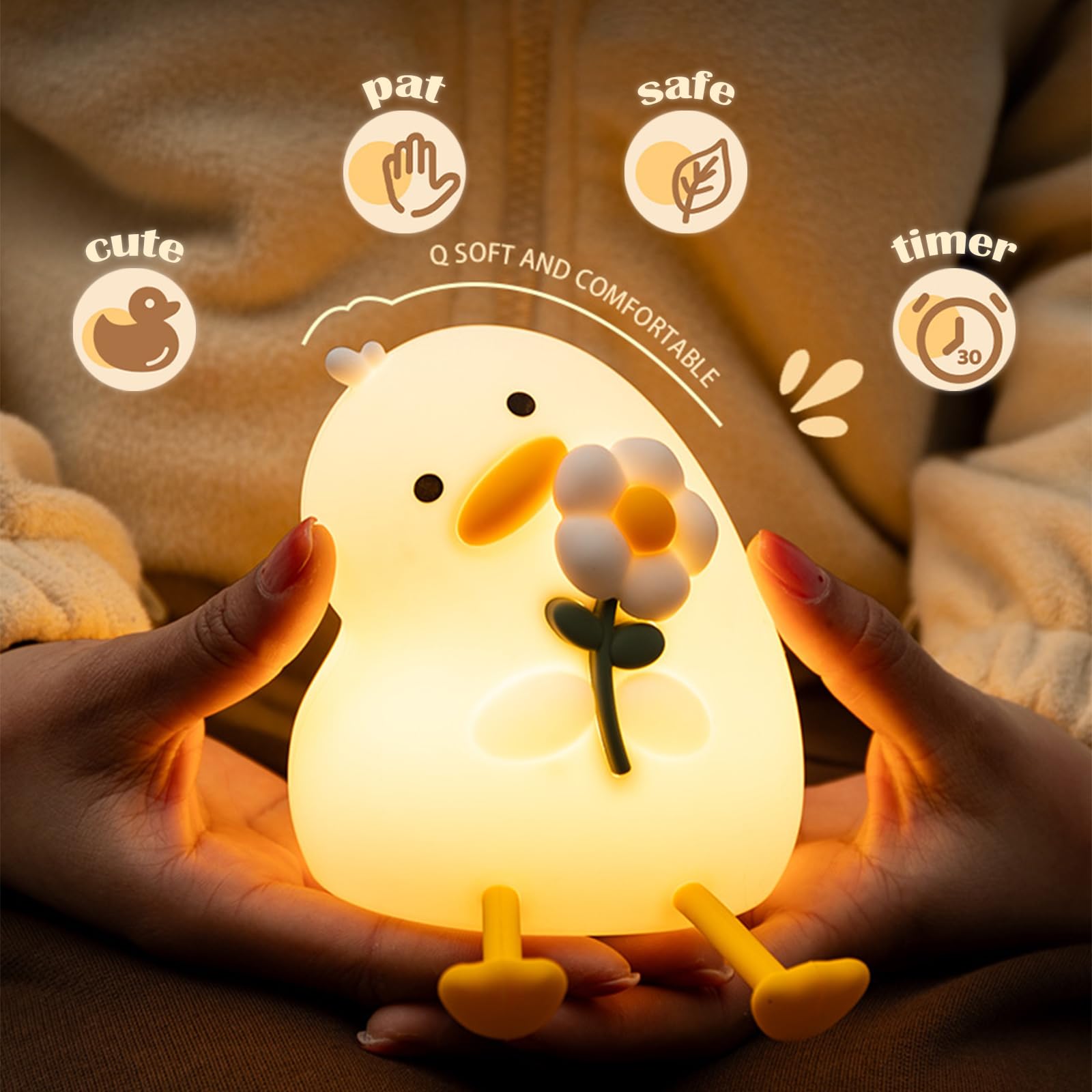Luz nocturna para niños, bonita luz nocturna de silicona de pato con temporizador, luz de guardería recargable, luces nocturnas LED esponjosas, lámpara de noche segura, lámpara de noche regulable para