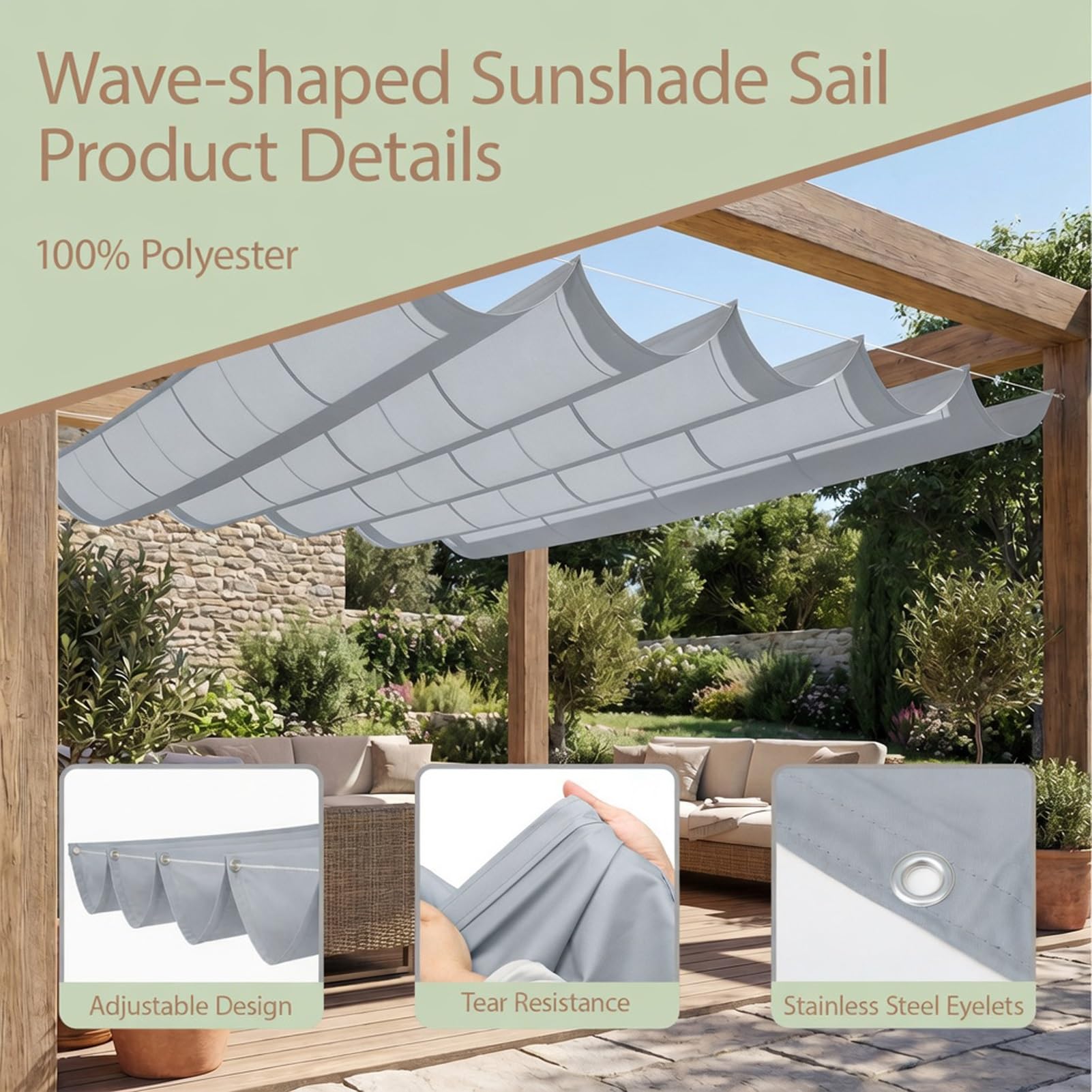 Einziehbare Welle Sonnensegel 2.6 x 7 m 95% Uv-Schutz Wasserdicht Verstellbar Schattenabdeckung Segeltuch PES Polyester Schattenspender für Außenbereich, Garten, Hellgrau