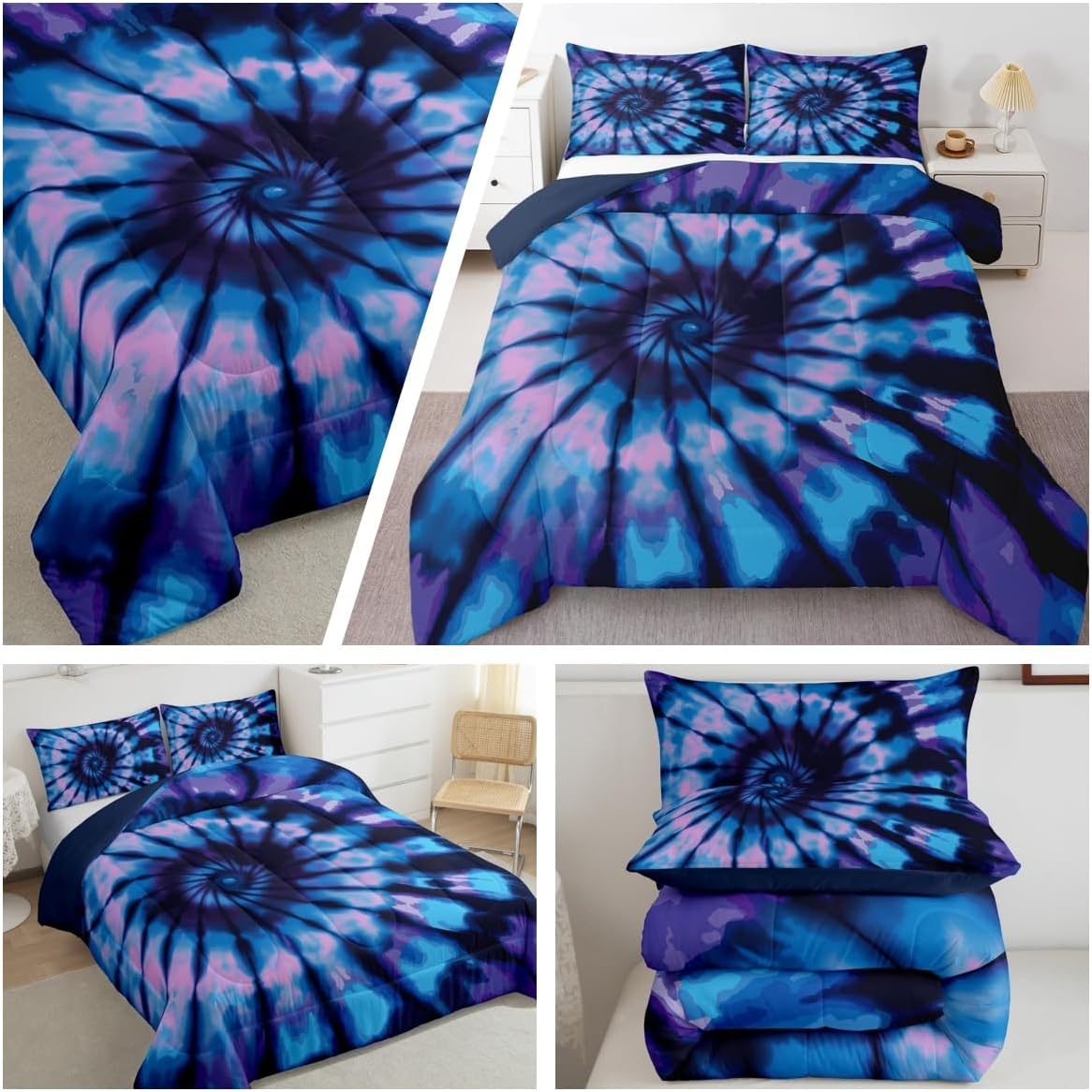 Erosebridal Purple & Blue Spiral Tie Dye Comforter Set - King Size, Hippie Boho Bohemian Gypsy Bedding with Abstract Printed Quilt and 2 Pillowcases