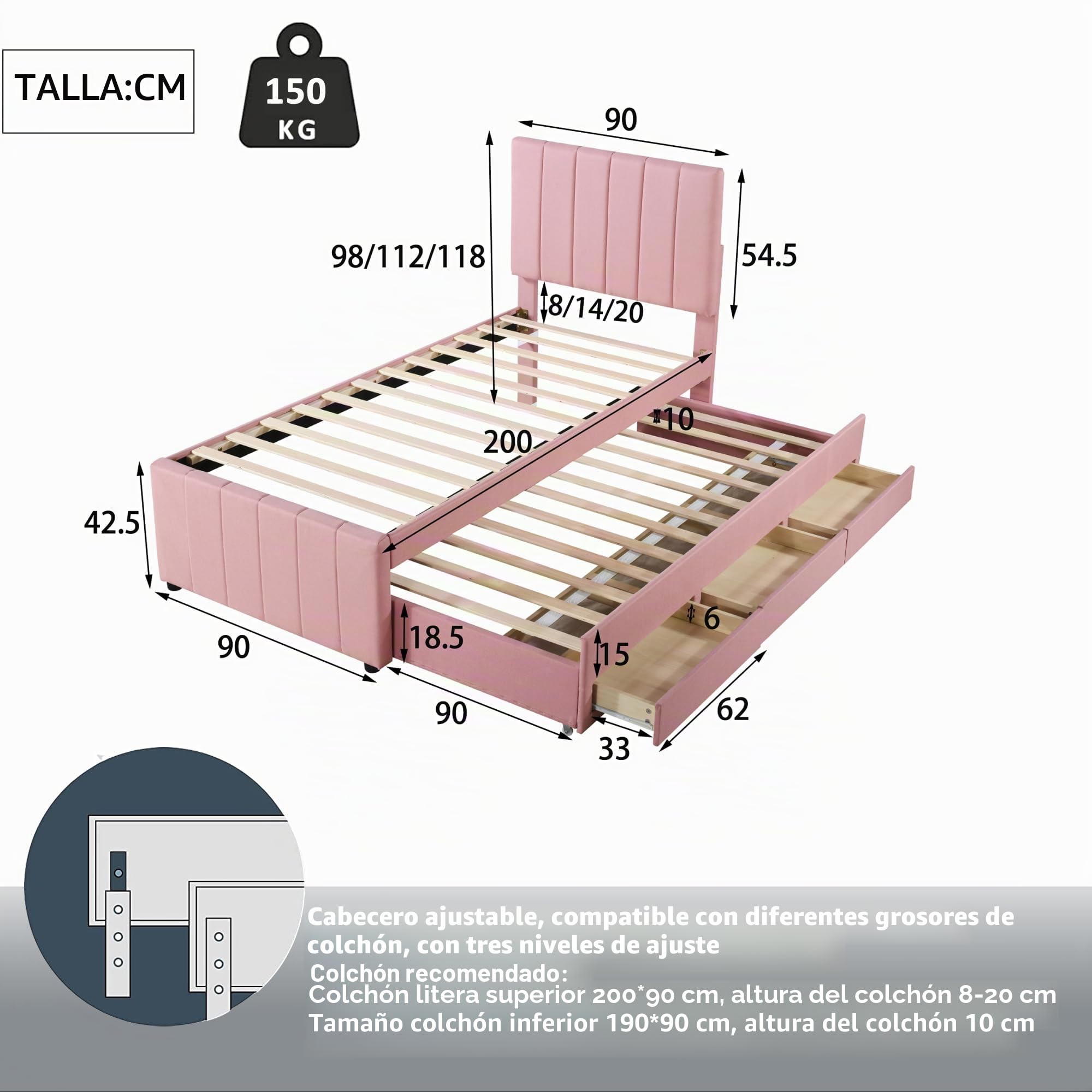 SACOOL Cama tapizada, 90 x 200 cm, con cama plegable y cajones de almacenamiento, acolchado de lino agradable para la piel, cama individual, cama infantil, cama juvenil, cama de invitados (rosa)
