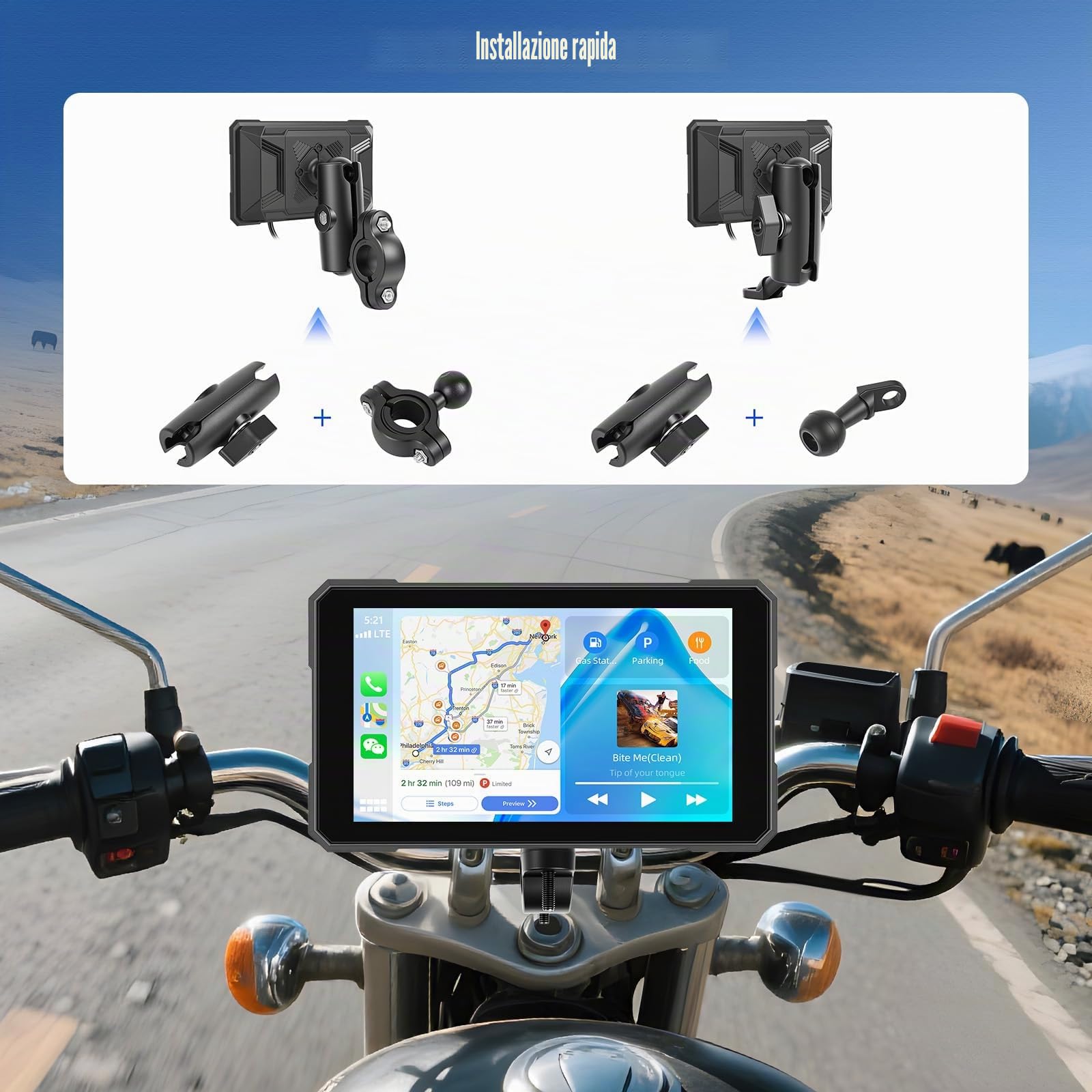 SIXWIN Senza Fili Schermata Carplay Per Moto, Portatile CarPlay & Android Auto Per Moto, 5 Pollici IP67 Impermeabile Touchscreen,Supporto Doppio Bluetooth, Navigazione GPS, Siri, G00gle