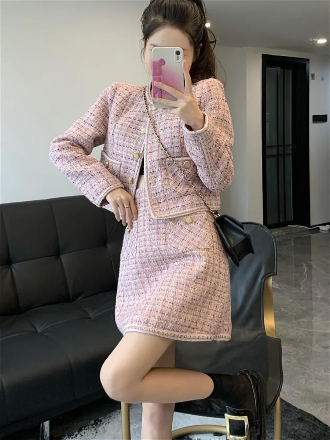 Women Crop Top Woolen Short Jacket Coat Mini Skirts Sets Pink Two Piece Suits