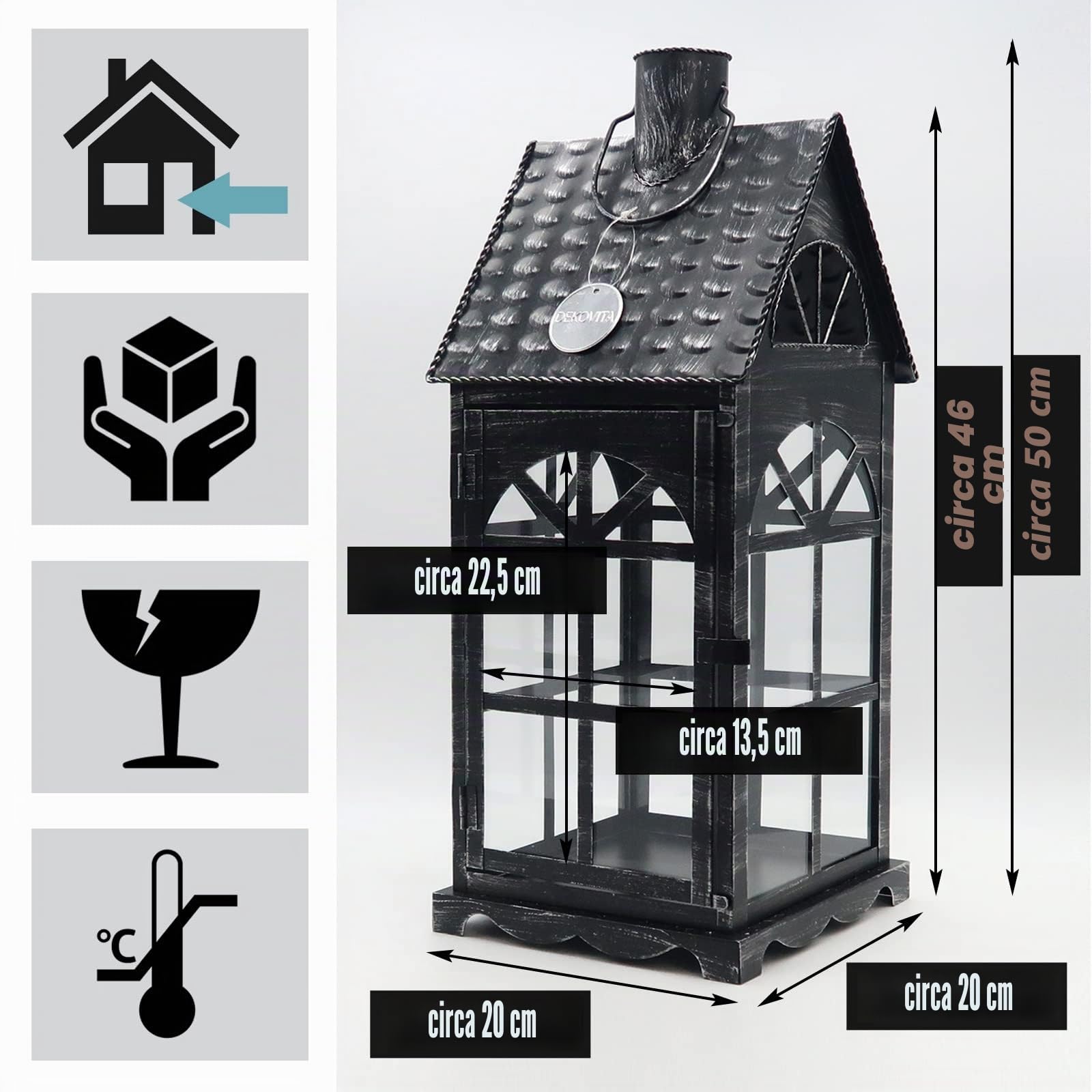 Dekovita 50cm metallo Lanterna Luce Casa - Fanale da Giardino con Vetro - Deco Candele Lampada