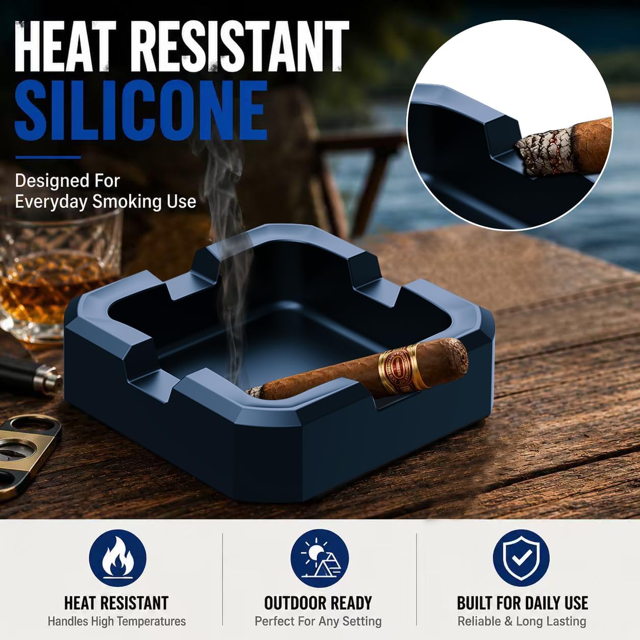 Cigar Ashtray Silicone 4 Cigar Rests Square Ashtray | Unbreakable, heat-resistant silicone outdoor ashtray, Scratch-Free & easy to clean, Perfect for patios, balconies, or indoors
