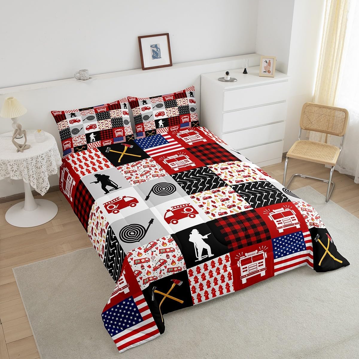 Feelyou Firefighter Comforter Twin Size with 1 Pillow Case Fire Truck Comforter Set Equipment Trucks Bedding Set Red Patchwork Quilted Duvet Set for Boys Girls Kids Adults