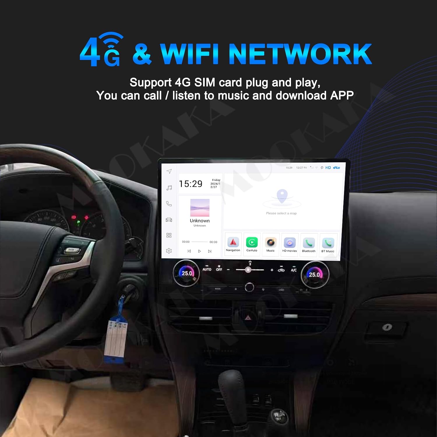4G and WiFi network connectivity icons on the car radio screen