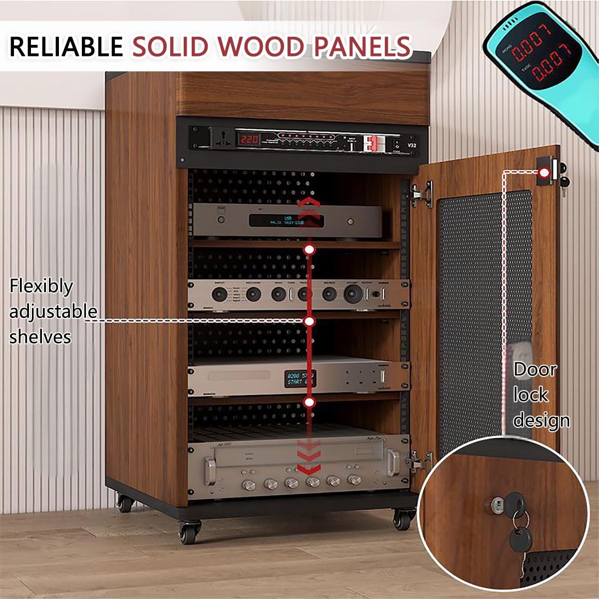 Mobiletto TV ad angolo moderno a 4 ripiani in legno massello con ruote, armadio marrone Ma, scaffale salvaspazio per soggiorno, unità AV Slish (52 x 55 x 90 cm)
