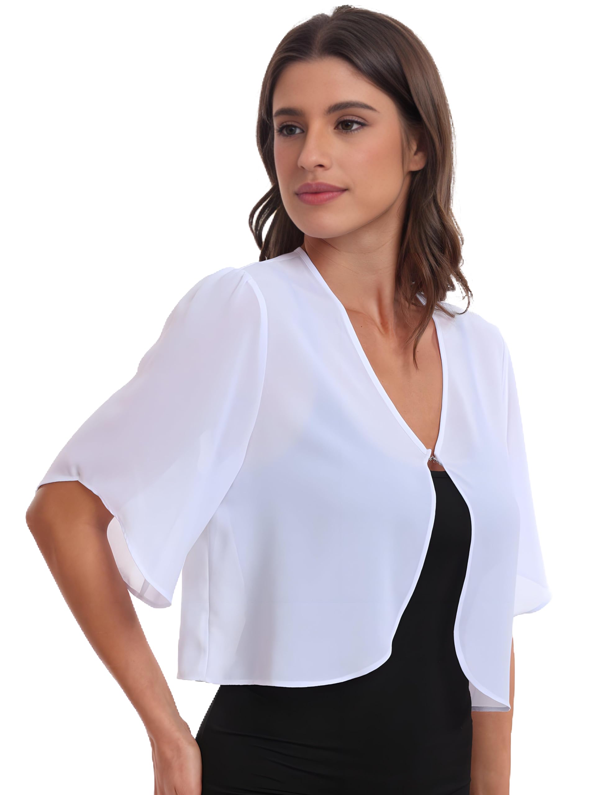 SURVODJA Womens Chiffon Cropped Cardigans Lightweight Sweaters Short Sleeve Bolero Shrugs for Dress, White, XXL