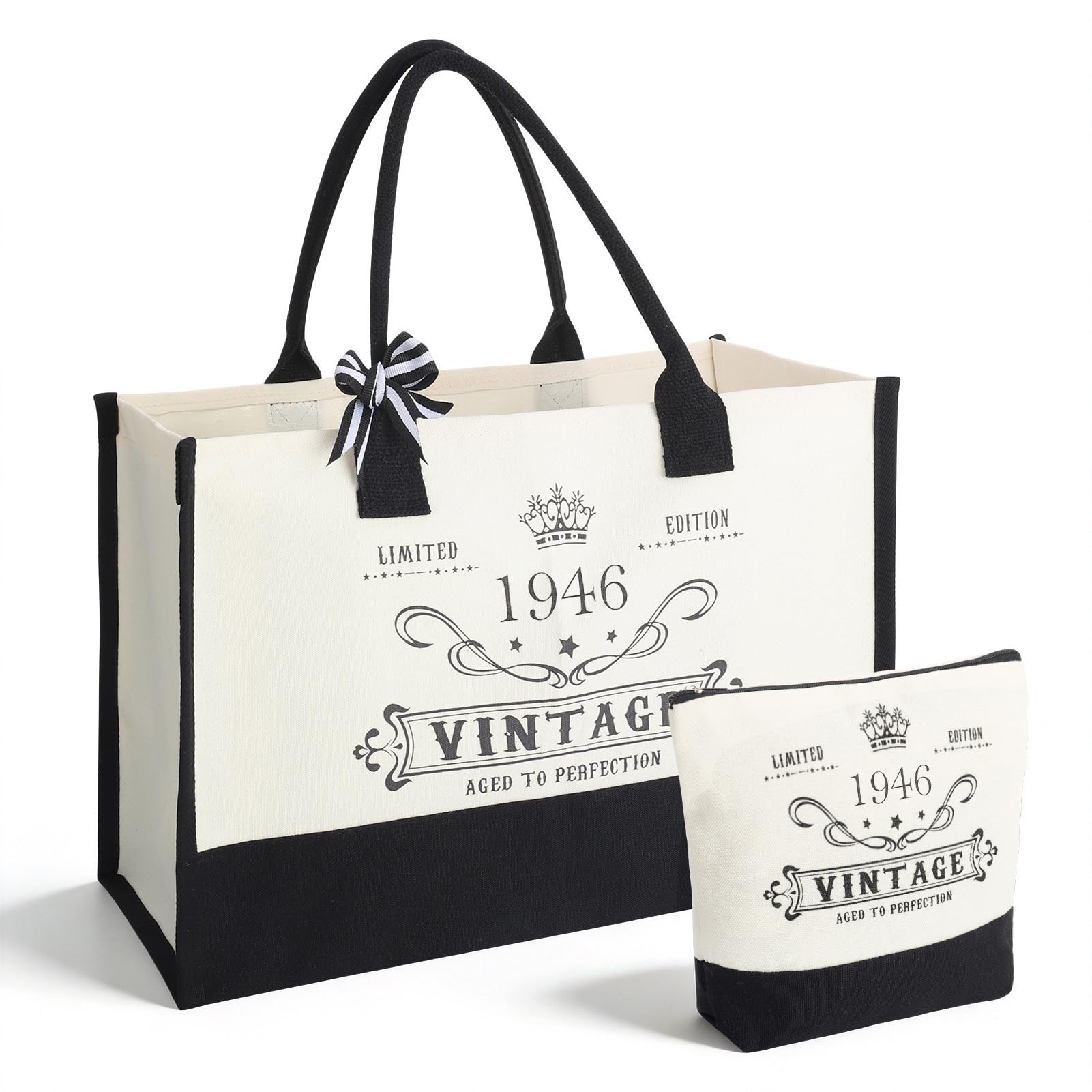 saerryor 80th Canvas Tote Bag with Cosmetic Bag for Women