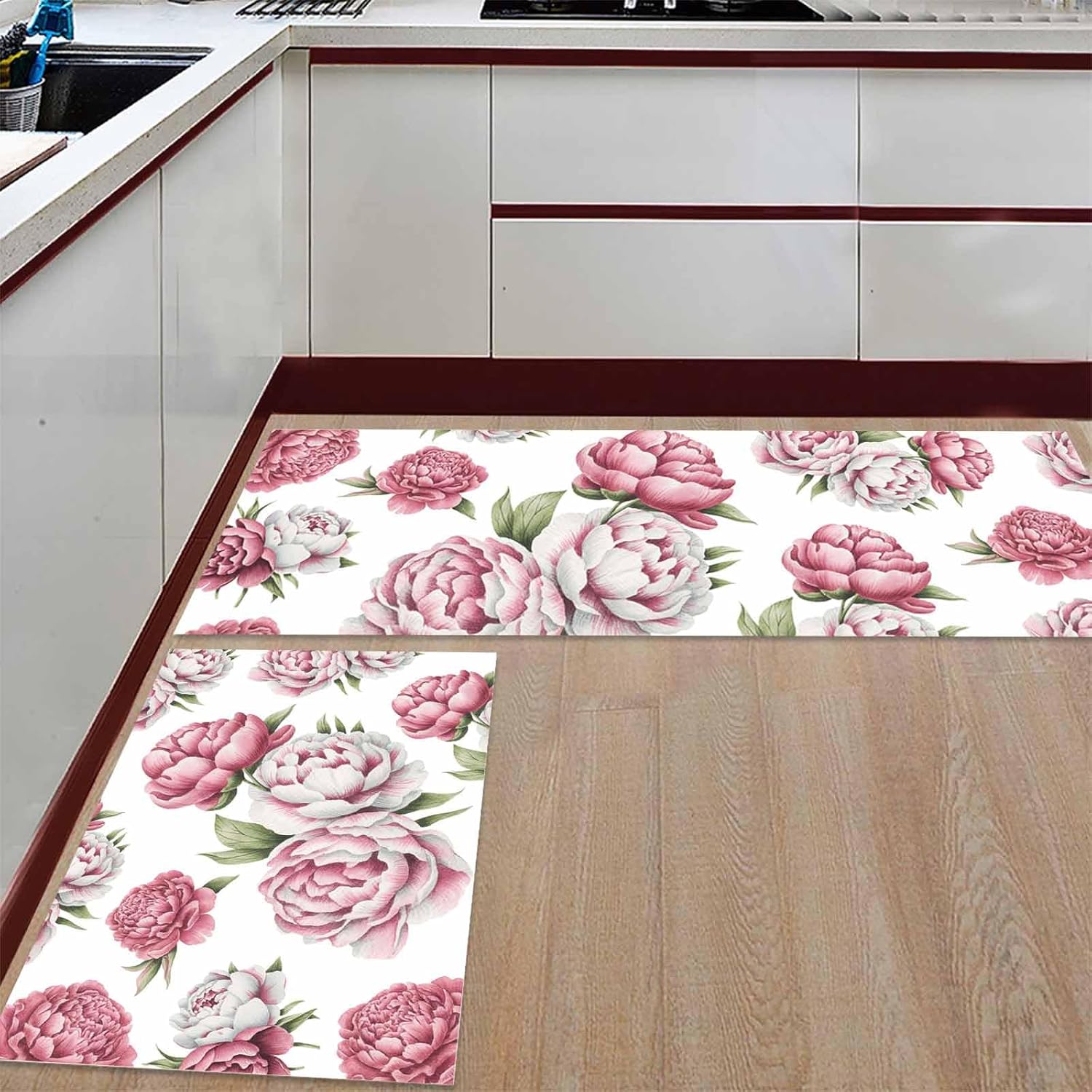 Z&L Home Watercolor Natural Art Flowers Green Leaves Kitchen Rug Sets 2 Piece Floor Mat Non-Slip Rubber Backing Area Runners Door Mats, Retro Floral Indoor Washable Carpet