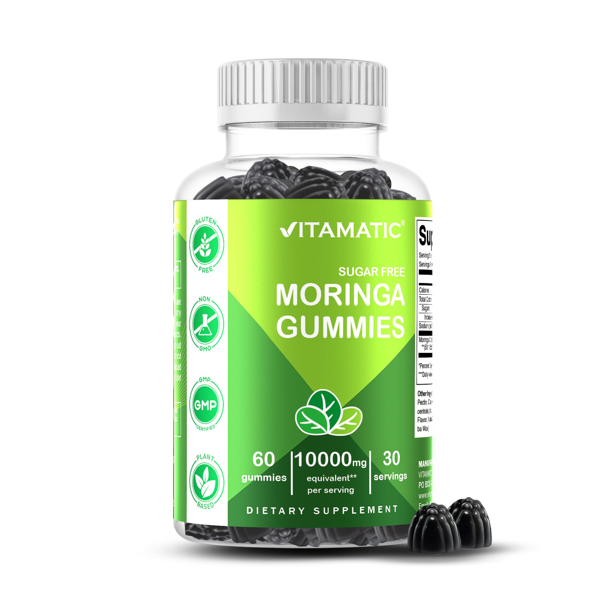 Vitamatic Sugar-Free Moringa Gummies - 10,000 mg Equivalent Per Serving - Complete Green Superfood - 60 Pectin Based Gummies