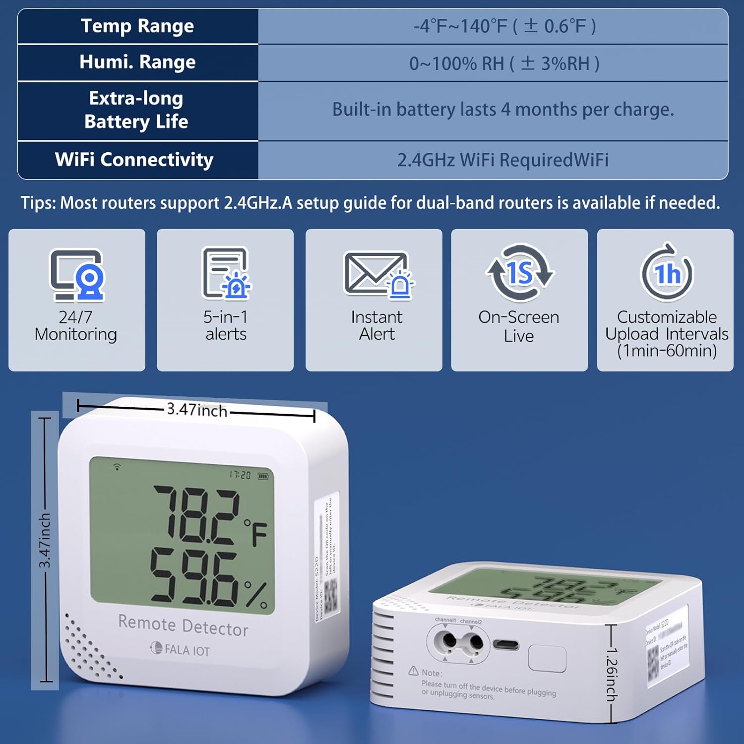 Remote WiFi Temperature & Humidity Sensor, No Subscription 24/7 Remote Temp Monitor with Email, Text Alerts, Sound & Light Alarm, Idea for RV, Pet, Greenhouse, Farm, Freezer, Server Room