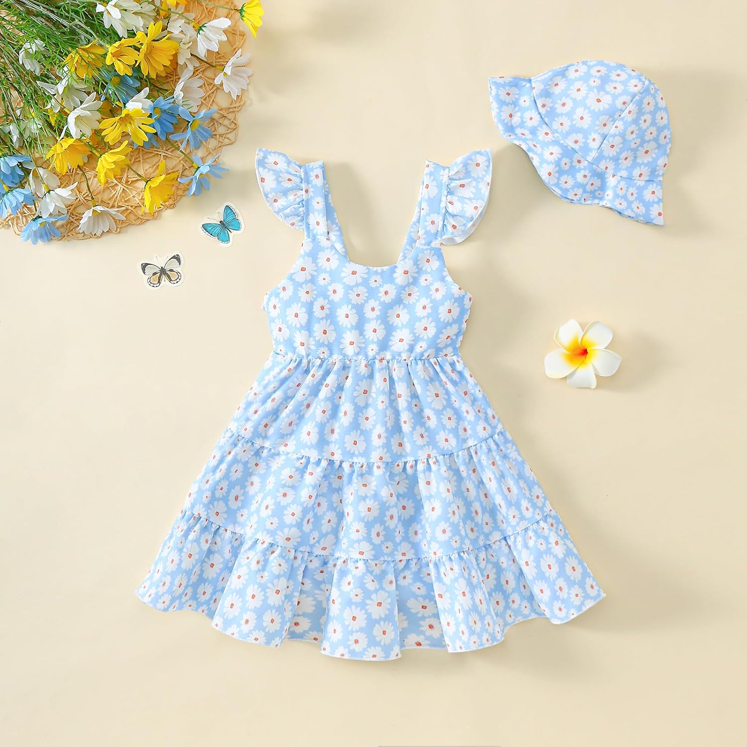 Toddler Baby Girl Dress Summer Clothes Little Girls Ruffle Sleeveless Dresses Kids Beach Sundress with Hat - Image 3